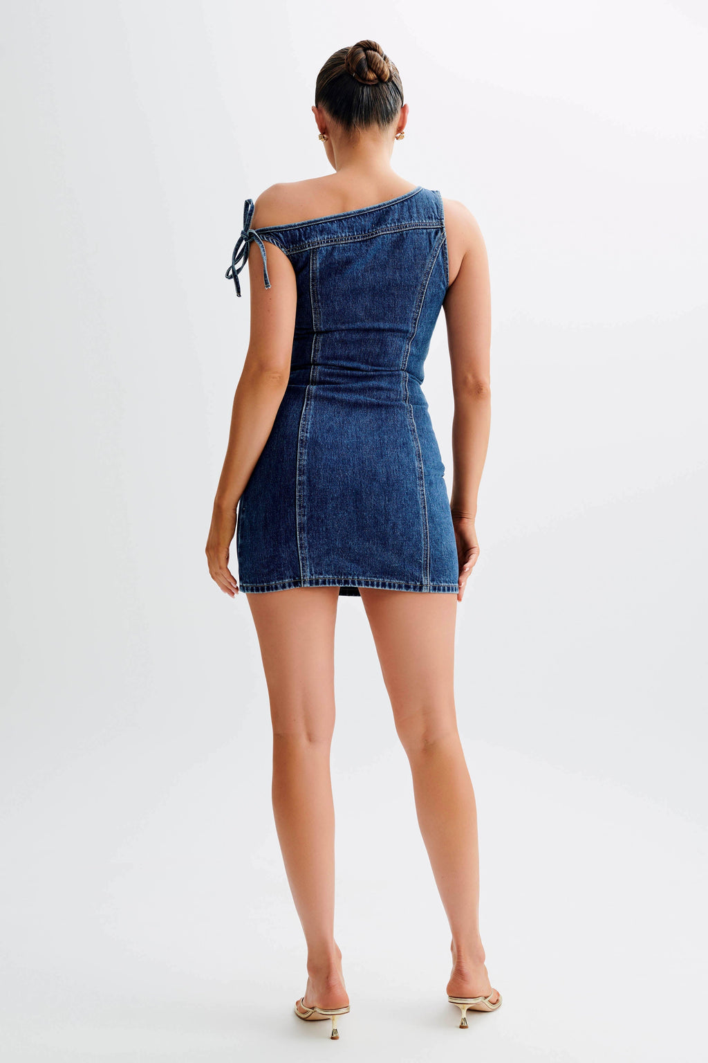 Levauro Baker Düşük Omuz Denim Mini Elbise - Koyu Mavi