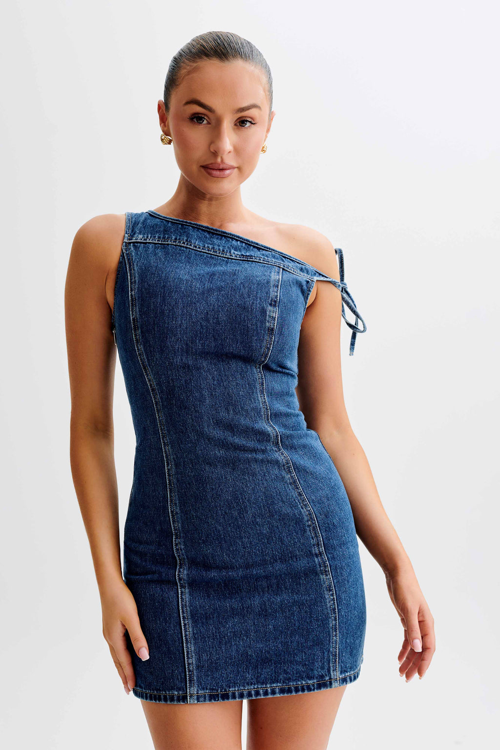 Levauro Baker Düşük Omuz Denim Mini Elbise - Koyu Mavi