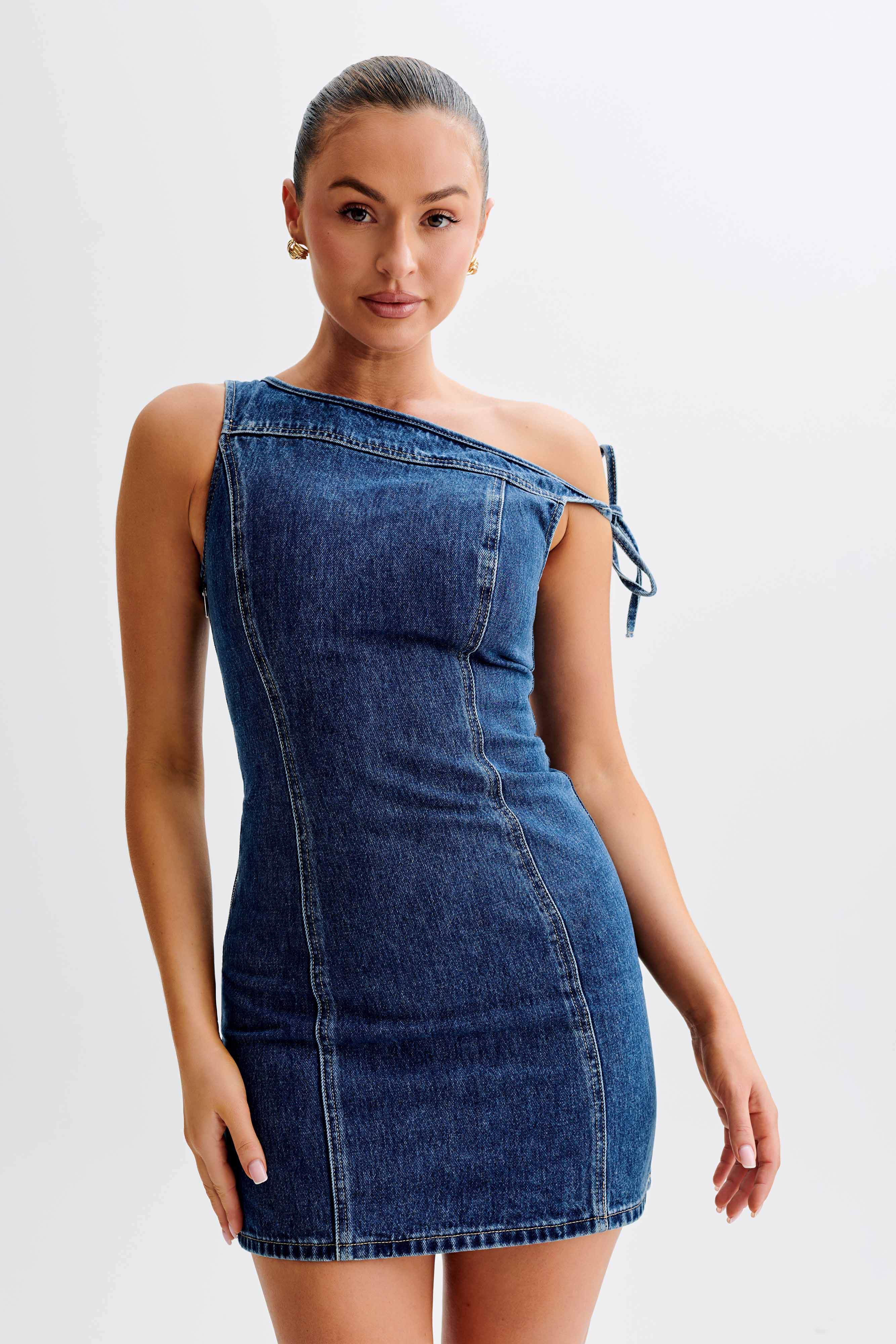 Levauro Baker Düşük Omuz Denim Mini Elbise - Koyu Mavi