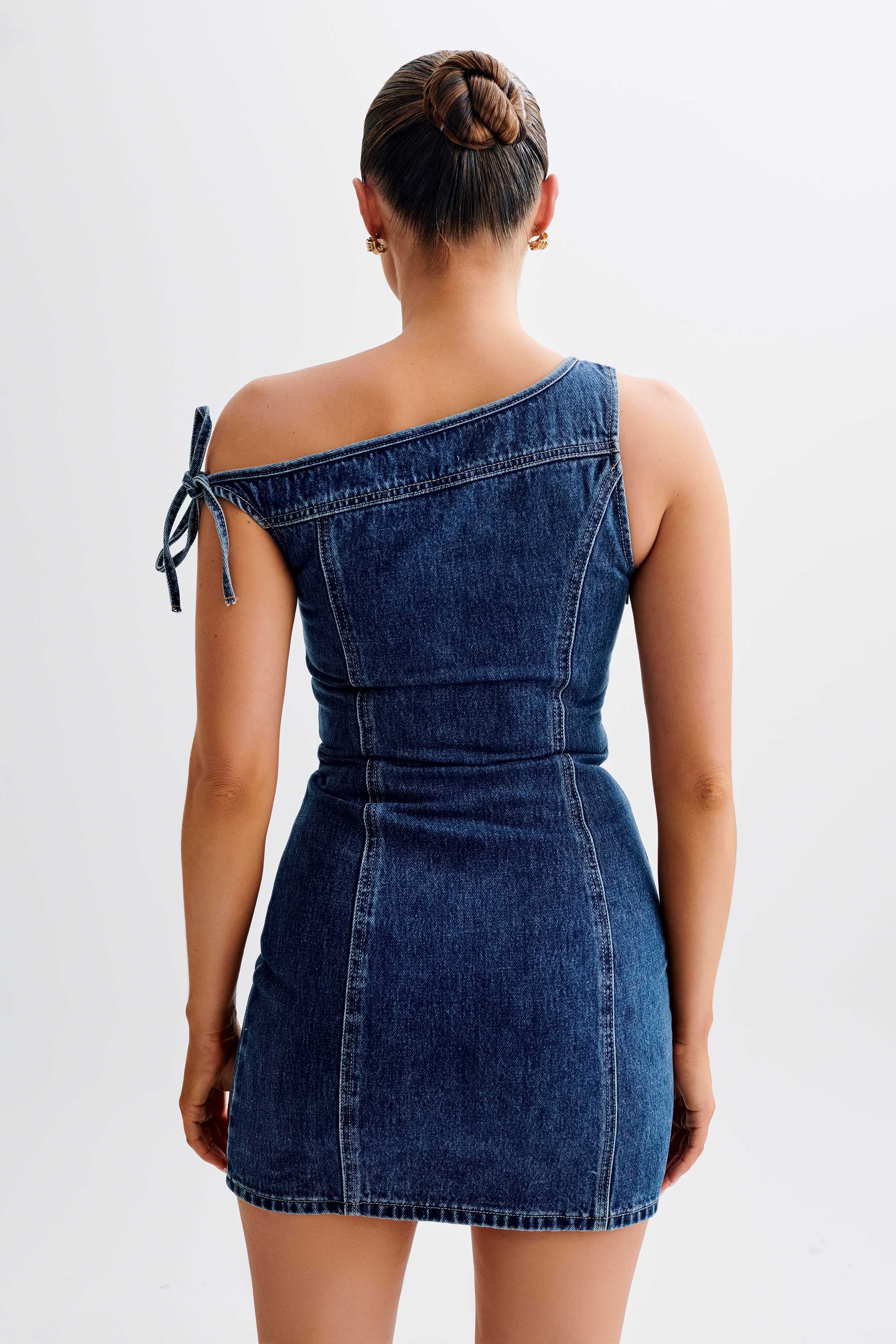Levauro Baker Düşük Omuz Denim Mini Elbise - Koyu Mavi