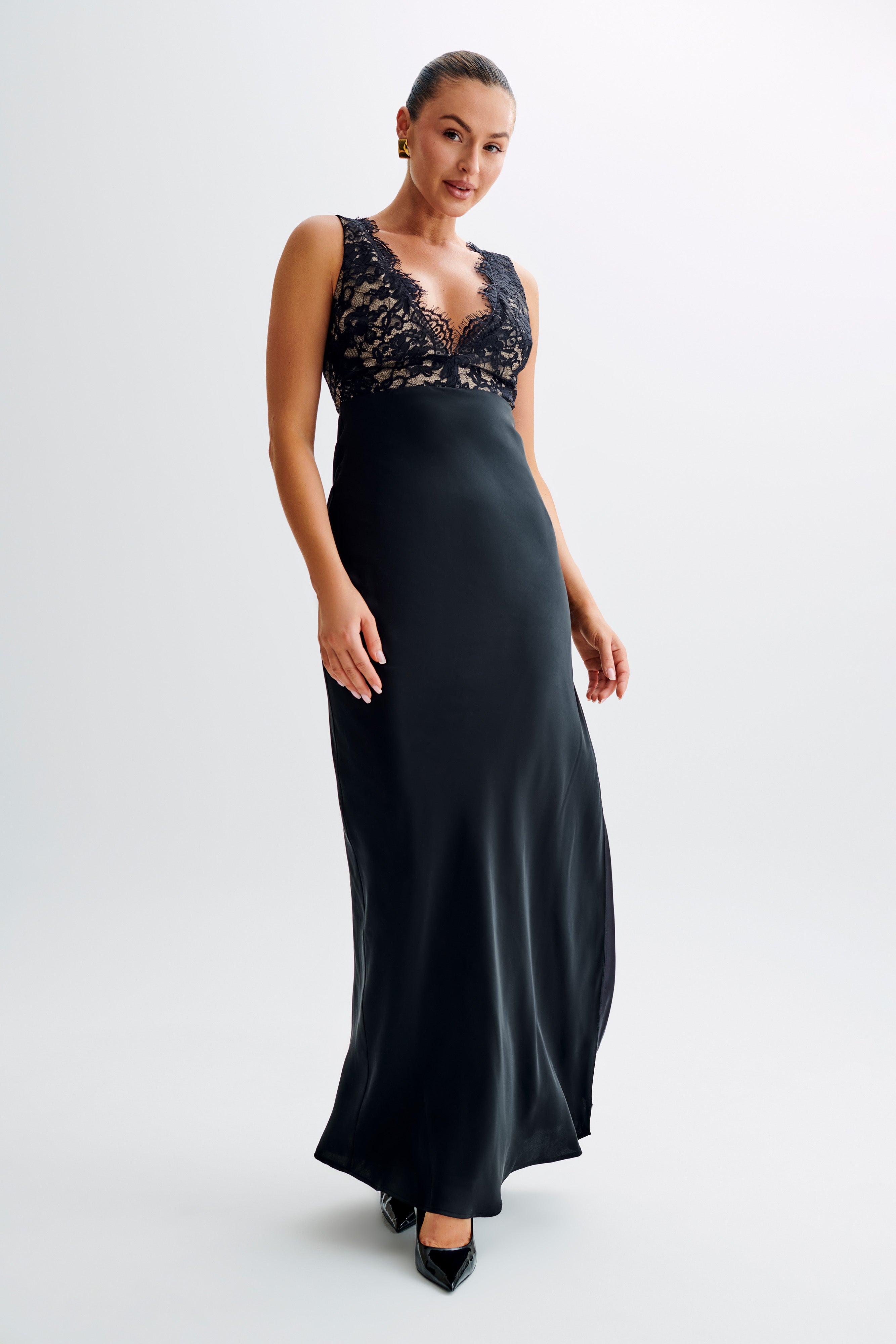 Levauro  Ricci Saten Ve Dantel Maxi Elbise - Siyah
