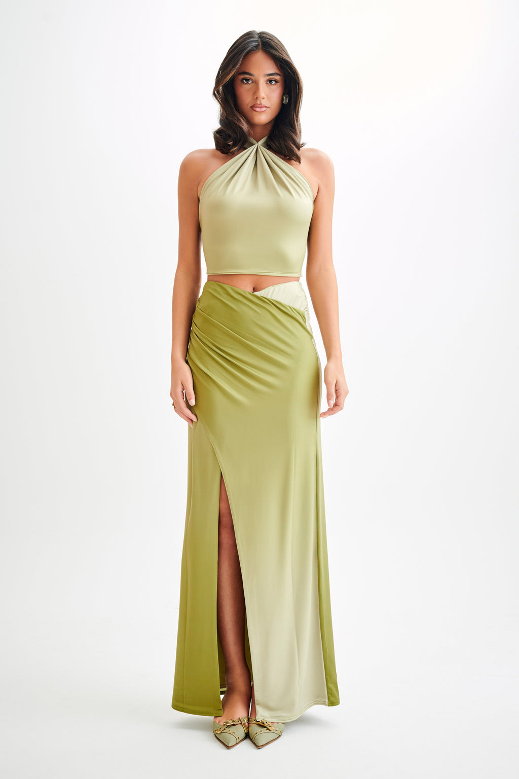 Levauro  Bronwyn Slinky Dantelli Yırtmaçlı Maxi Etek - Ombre Vintage Olive
