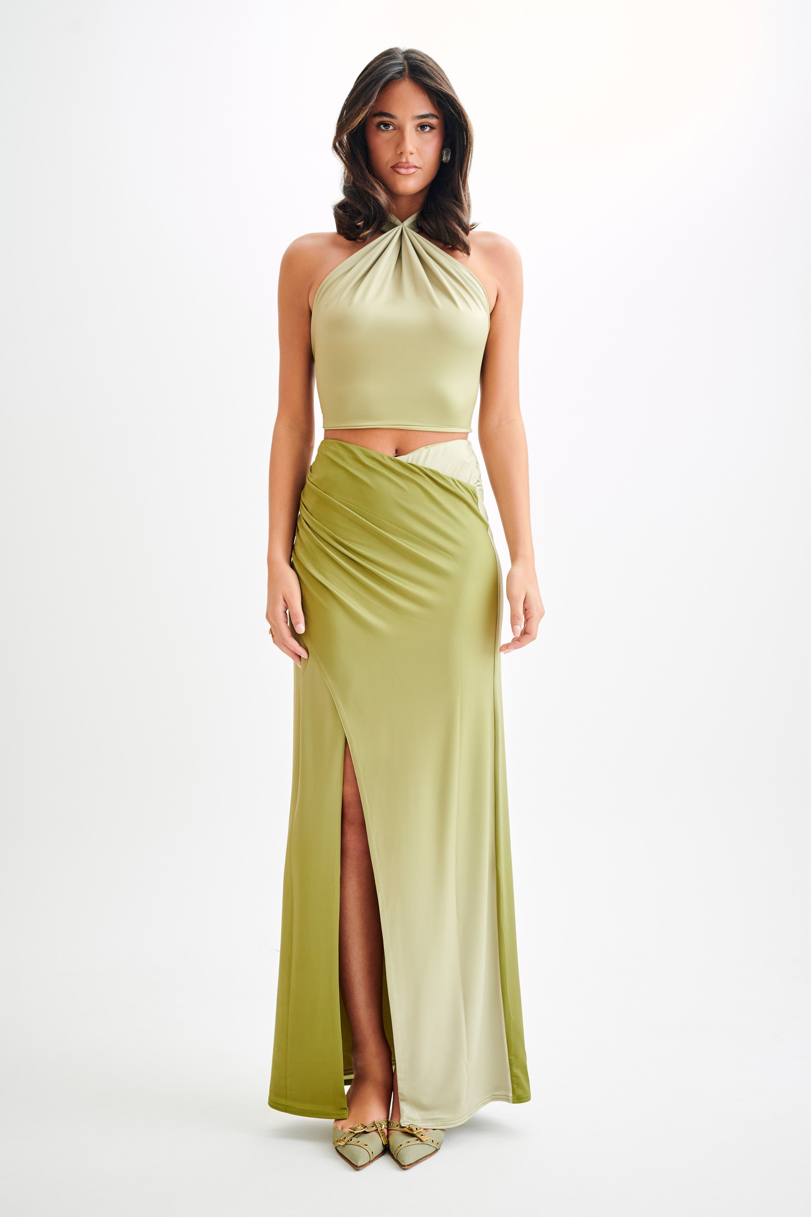 Levauro  Bronwyn Slinky Dantelli Yırtmaçlı Maxi Etek - Ombre Vintage Olive