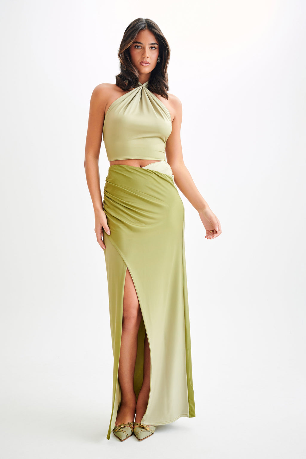 Levauro  Bronwyn Slinky Dantelli Yırtmaçlı Maxi Etek - Ombre Vintage Olive