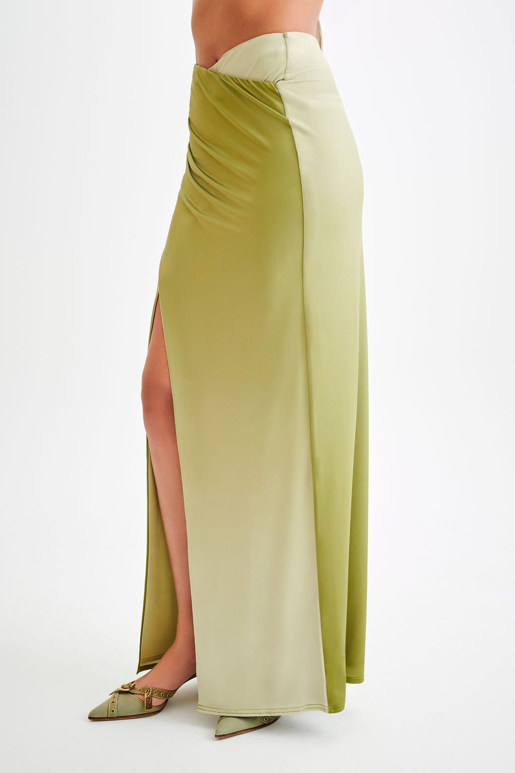 Levauro  Bronwyn Slinky Dantelli Yırtmaçlı Maxi Etek - Ombre Vintage Olive