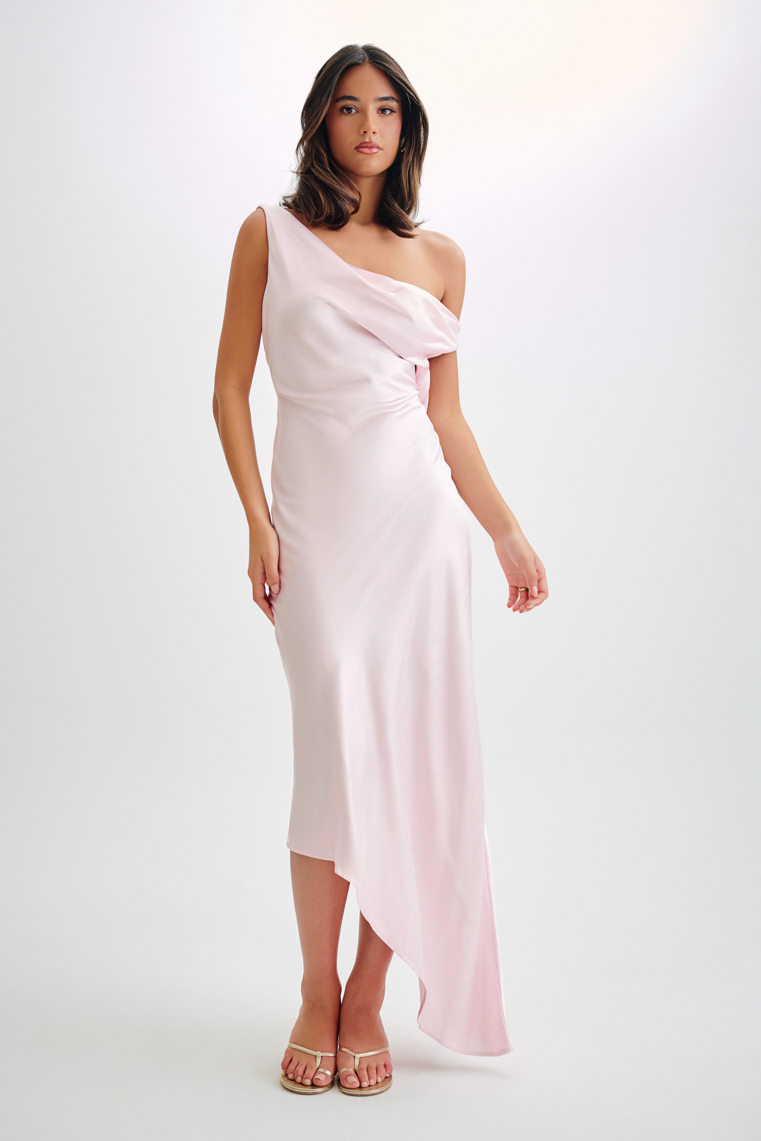 Levauro  Asimetrik Kenarlı Yvette Slip Maxi Elbise - Soluk Pembe