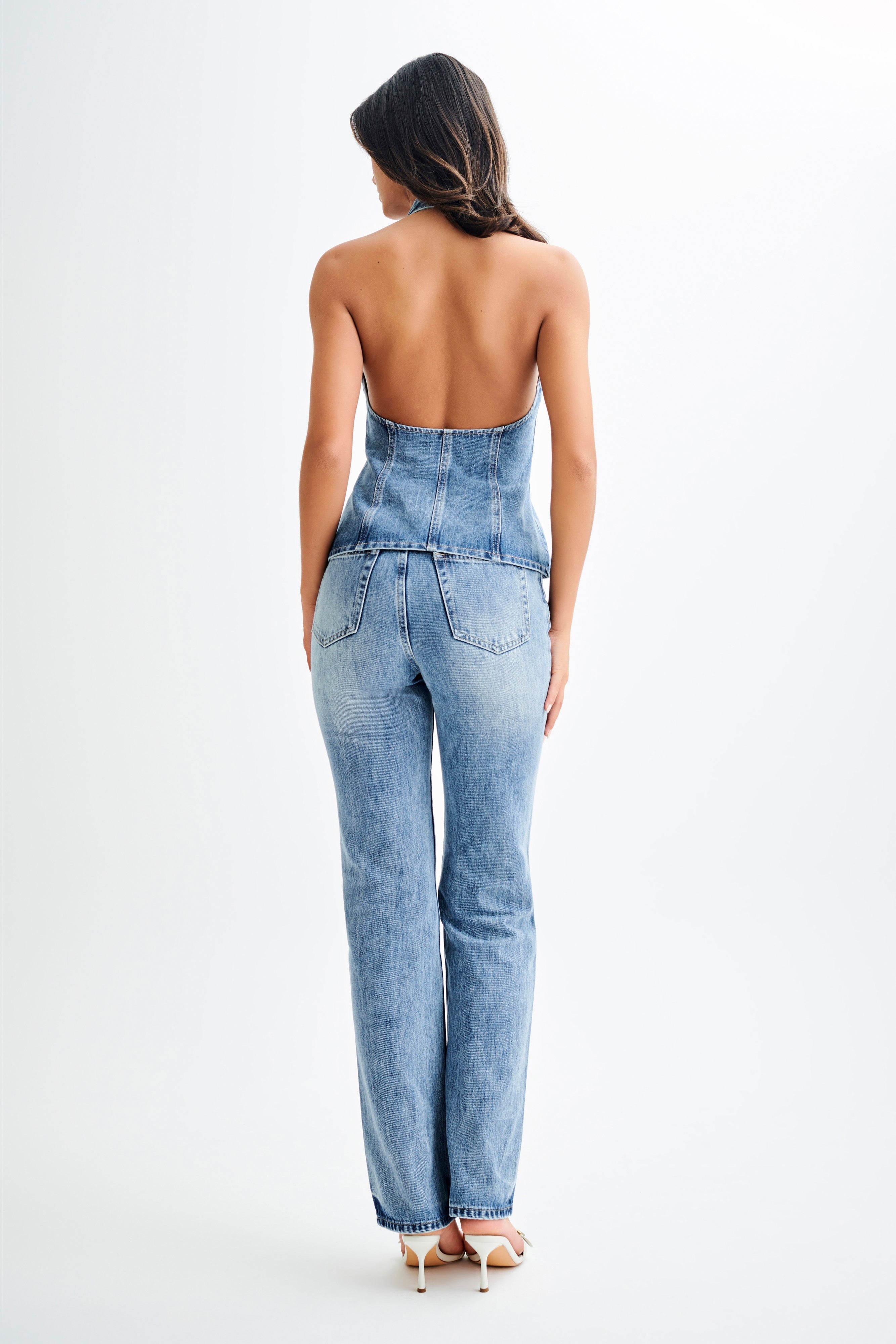 Levauro  Hindistan Önden Düğmeli Boyundan Bağlamalı Denim Uzun Üst - Yıkanmış Orta Mavi