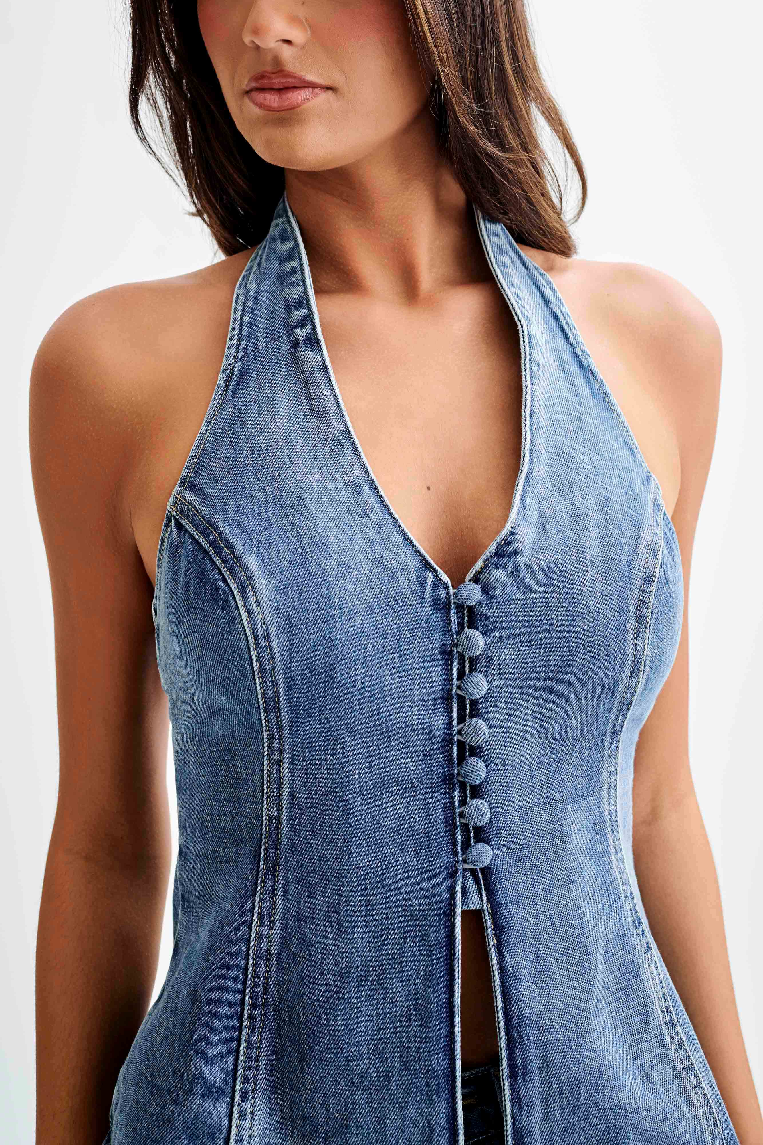 Levauro  Hindistan Önden Düğmeli Boyundan Bağlamalı Denim Uzun Üst - Yıkanmış Orta Mavi
