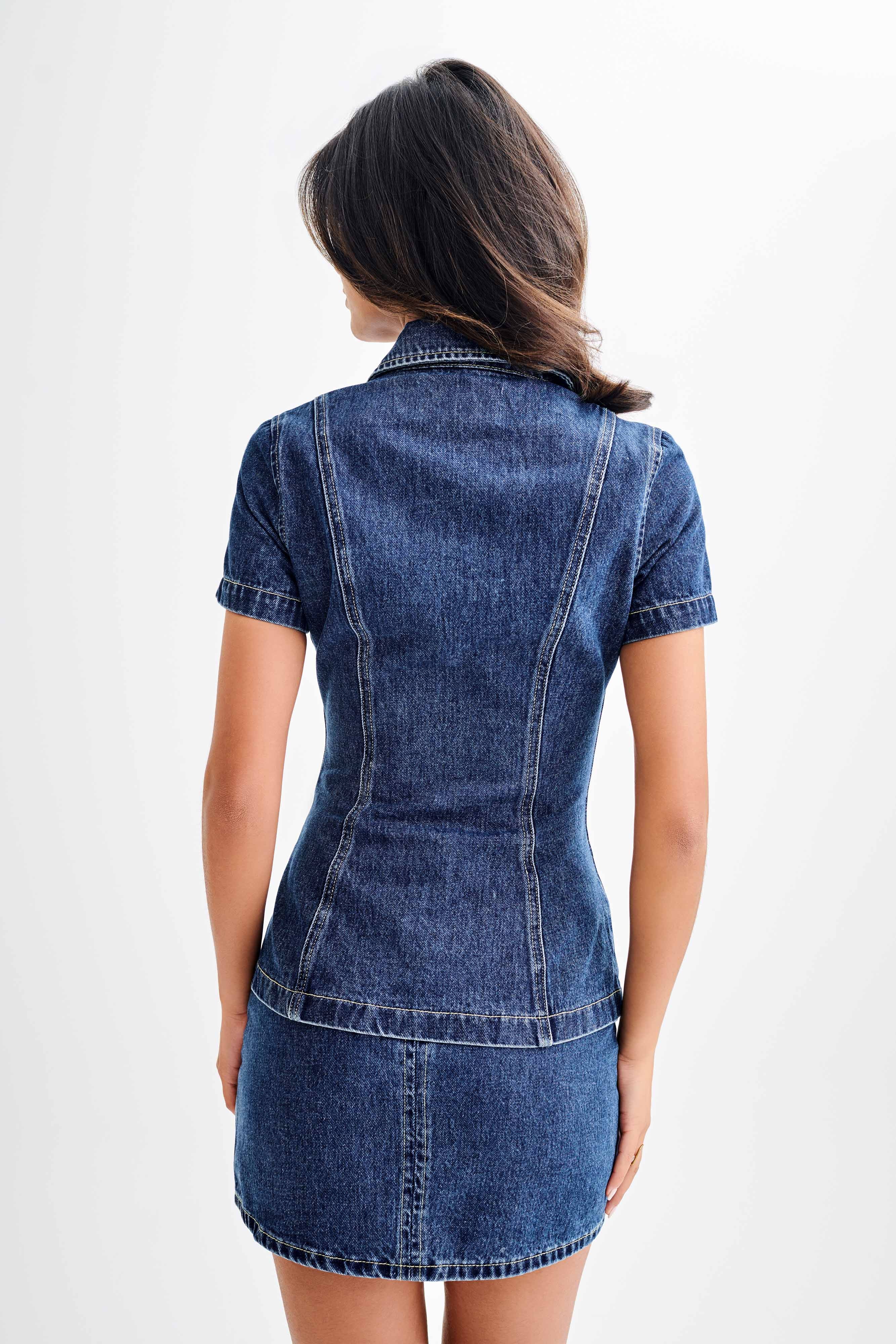 Levauro  Ellie Denim Kısa Kollu Üst - Koyu Mavi