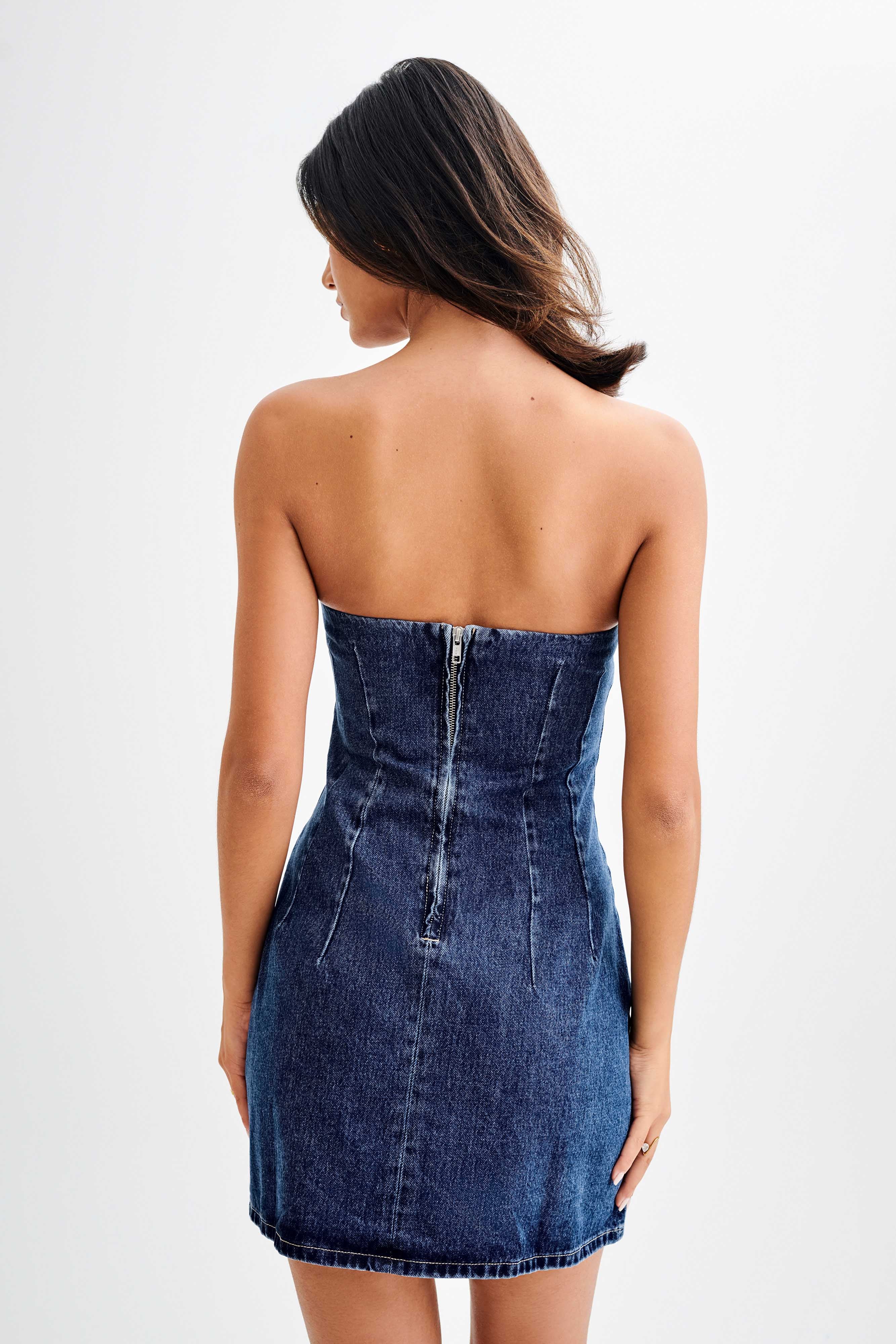 Levauro    Cecily Straplez Denim Mini Elbise - Koyu Mavi