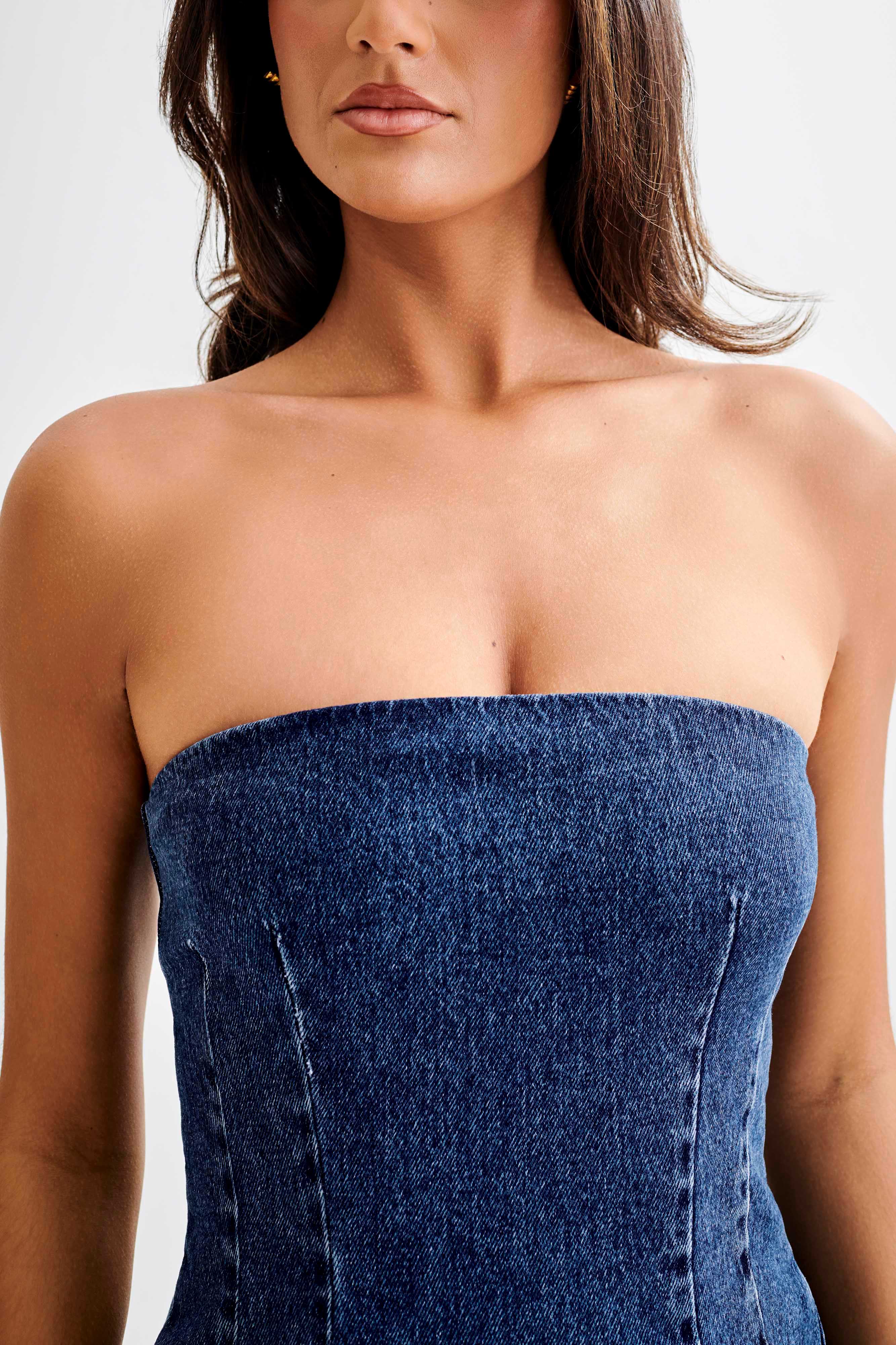 Levauro    Cecily Straplez Denim Mini Elbise - Koyu Mavi