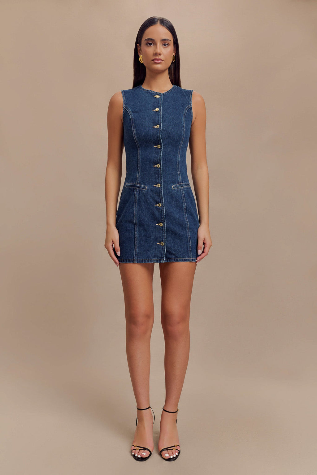 Levauro  Jane Düğmeli Denim Mini Elbise - Koyu Mavi