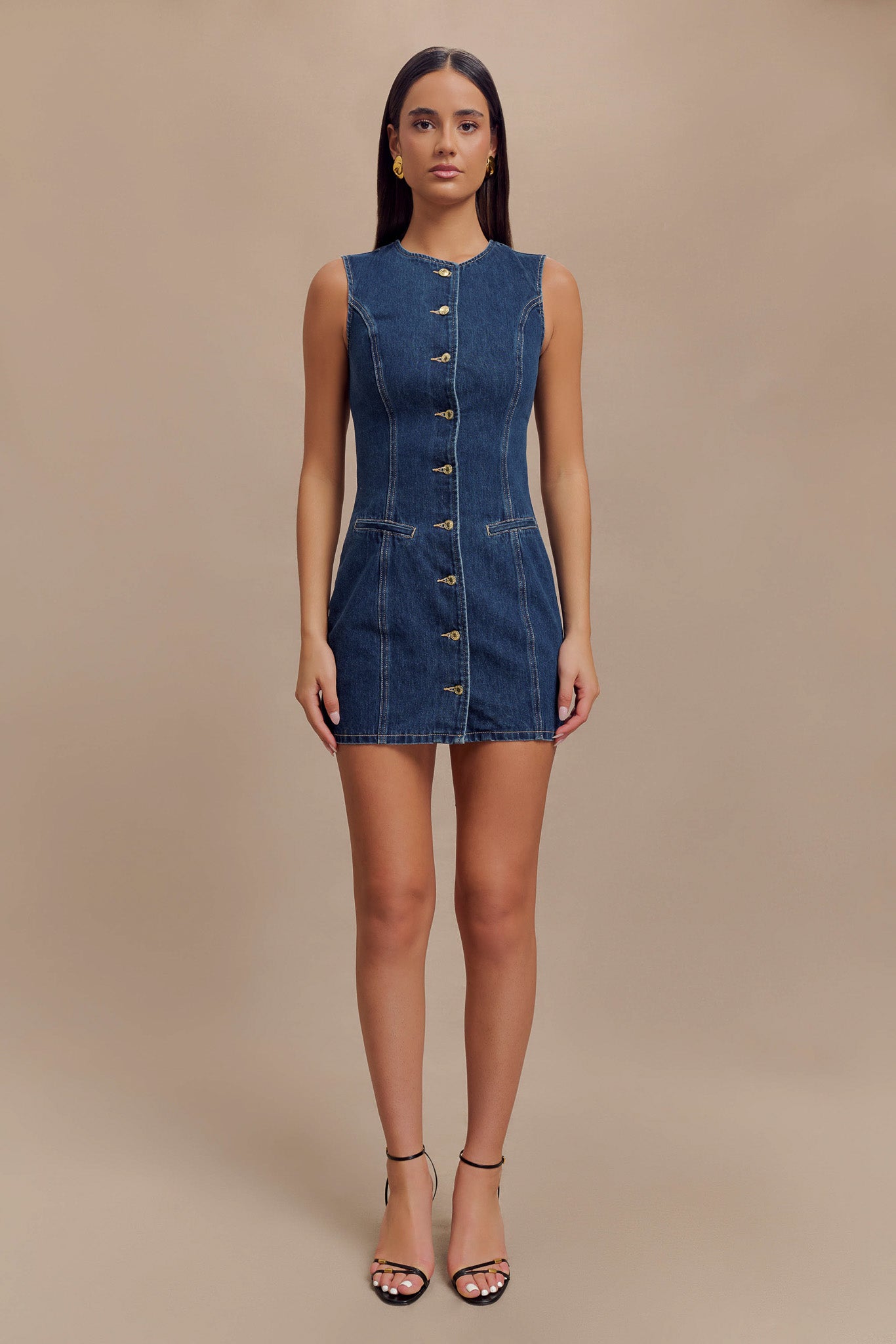 Levauro  Jane Düğmeli Denim Mini Elbise - Koyu Mavi