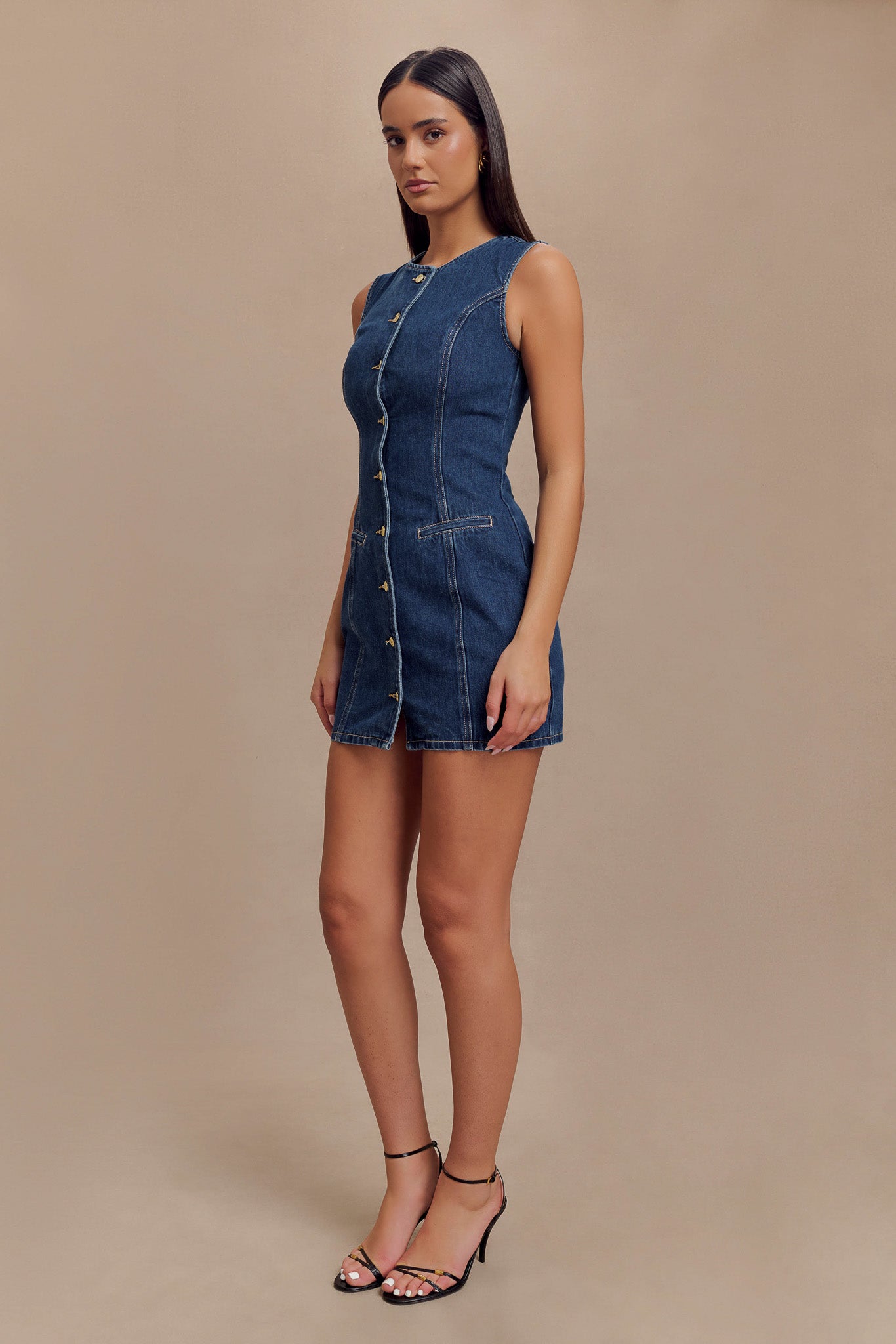 Levauro  Jane Düğmeli Denim Mini Elbise - Koyu Mavi