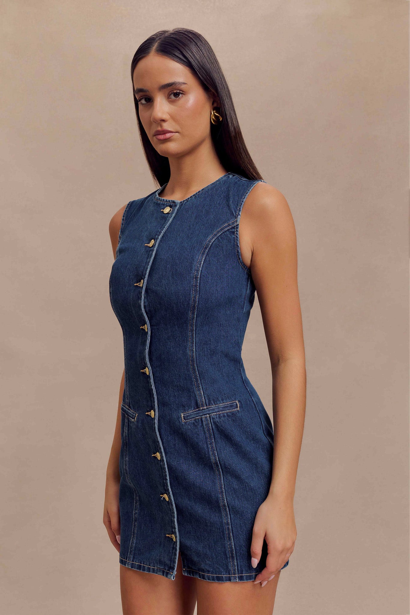Levauro  Jane Düğmeli Denim Mini Elbise - Koyu Mavi
