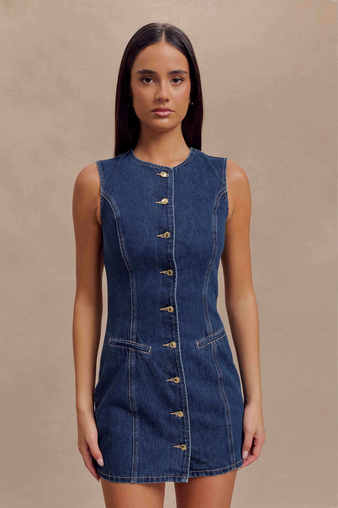 Levauro  Jane Düğmeli Denim Mini Elbise - Koyu Mavi