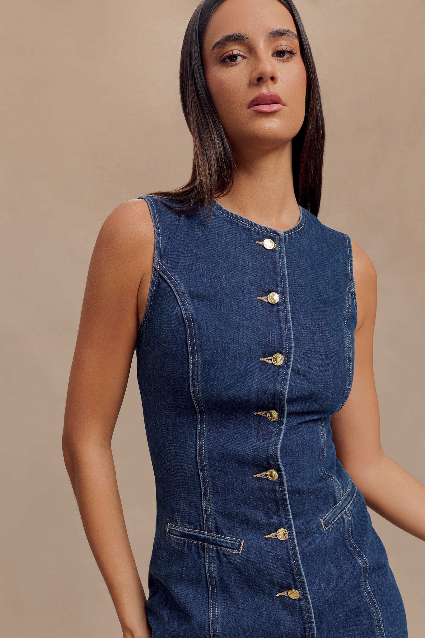 Levauro  Jane Düğmeli Denim Mini Elbise - Koyu Mavi