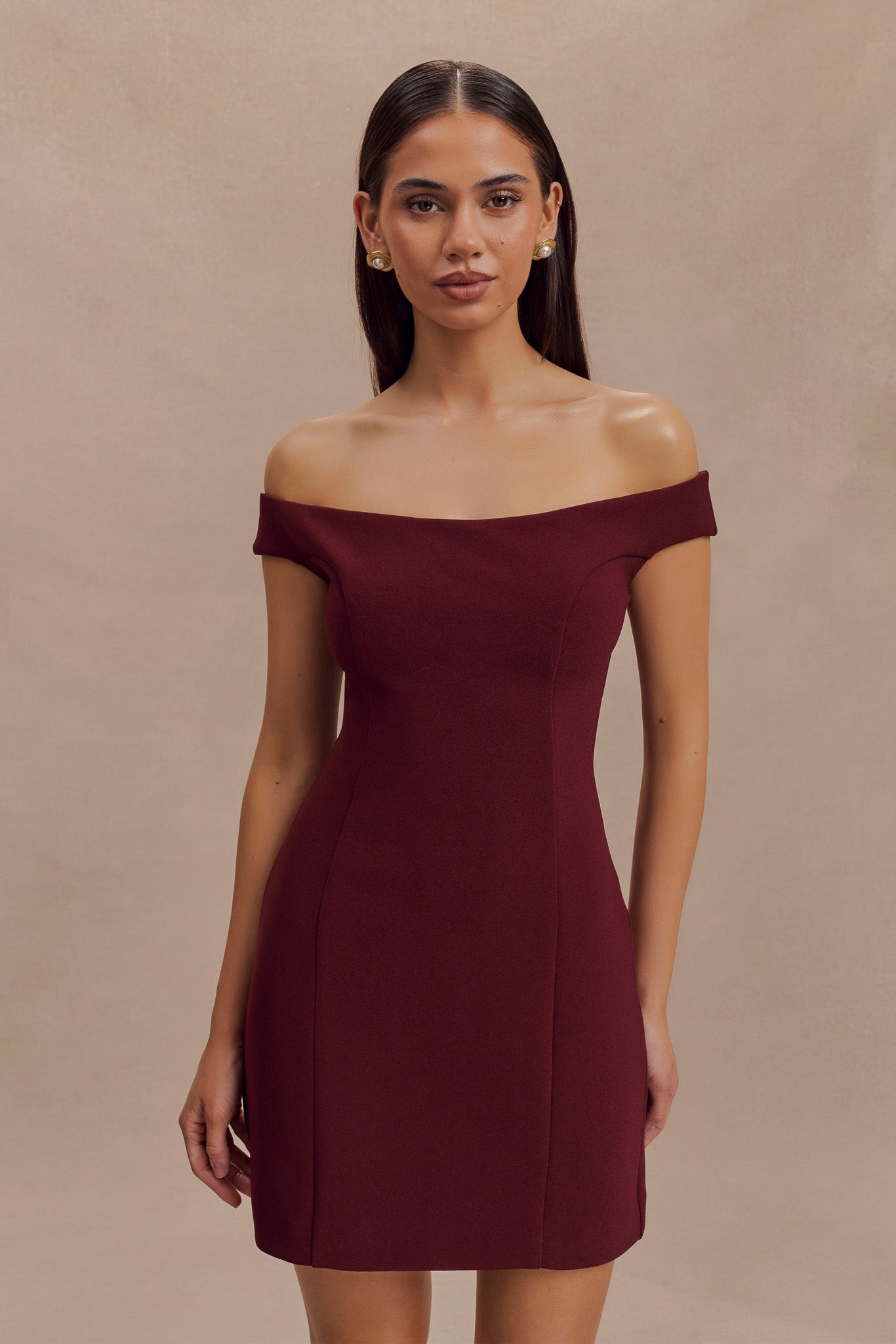 Levaru  Cassidy Krep Düşük Omuz Mini Elbise - Merlot