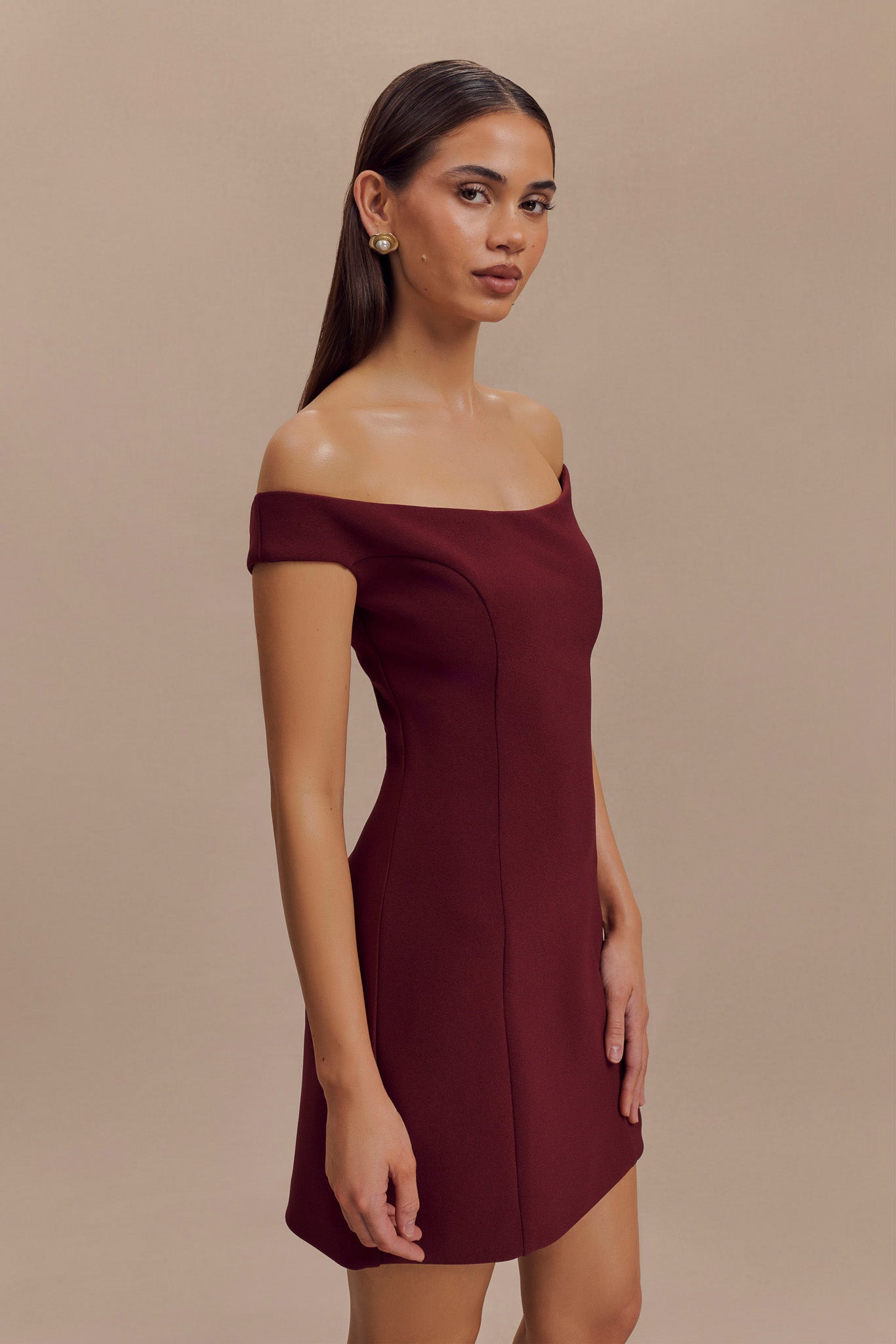 Levaru  Cassidy Krep Düşük Omuz Mini Elbise - Merlot