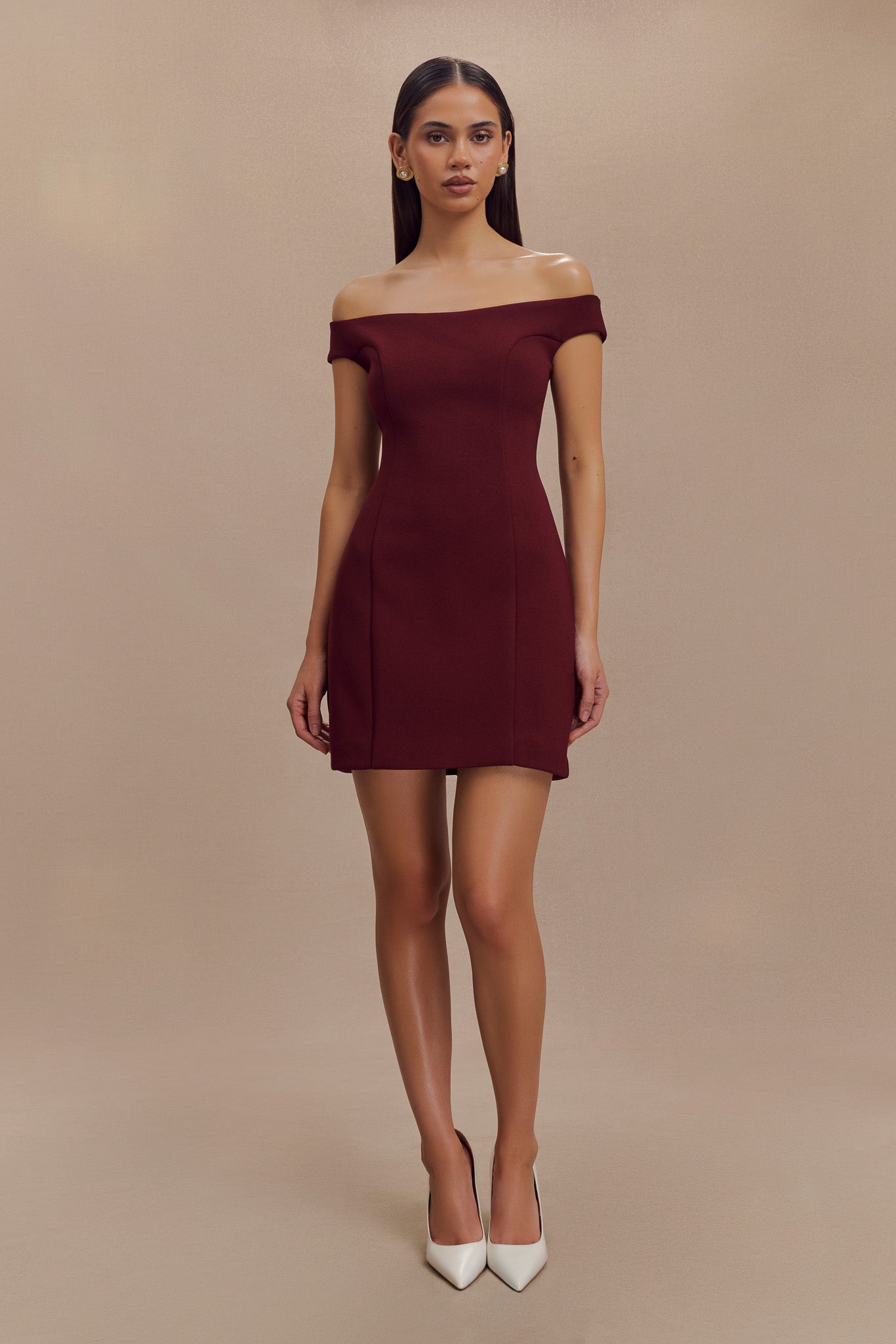 Levaru  Cassidy Krep Düşük Omuz Mini Elbise - Merlot