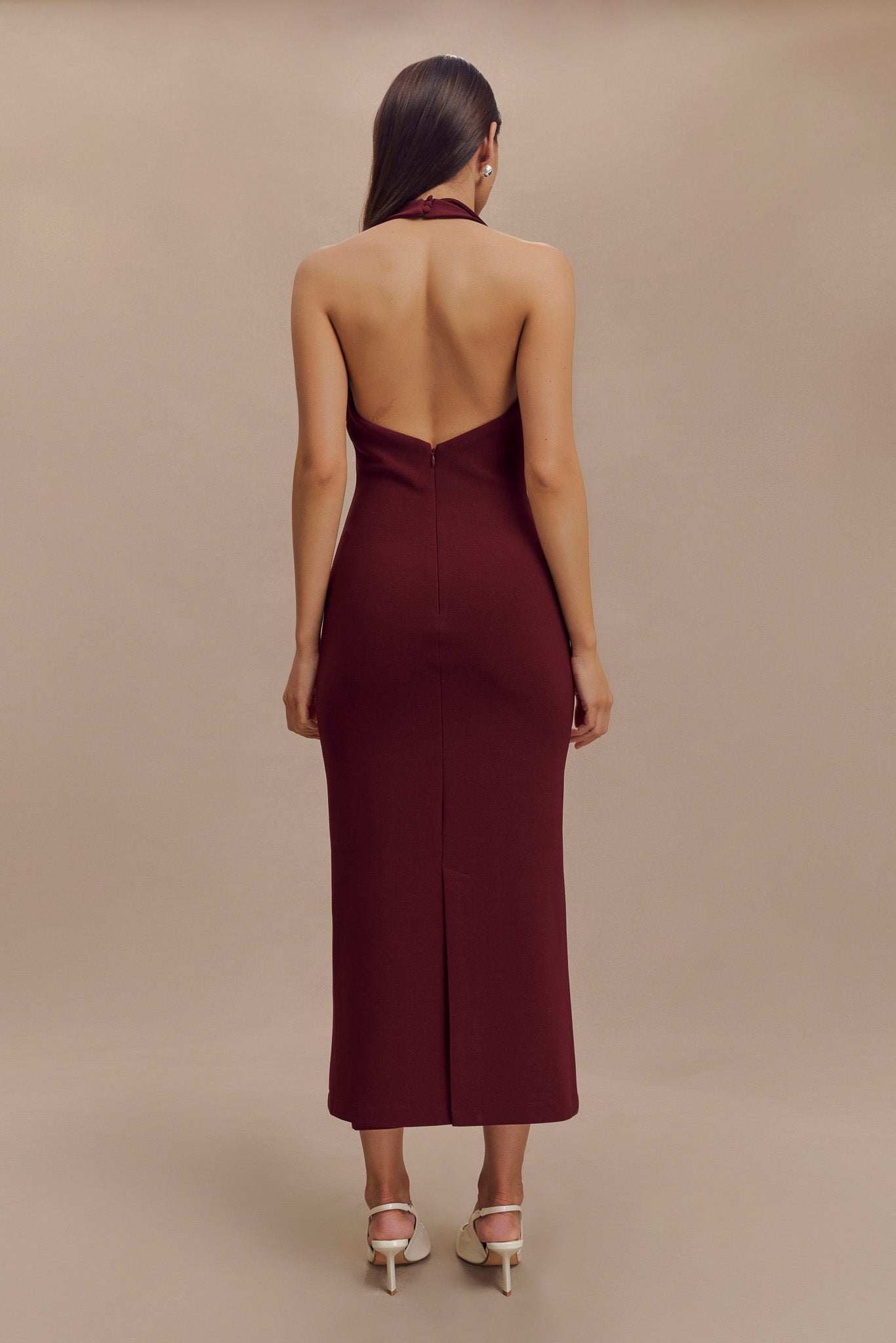 Levaru  Annita Krep Boyundan Bağlamalı Midi Elbise - Merlot