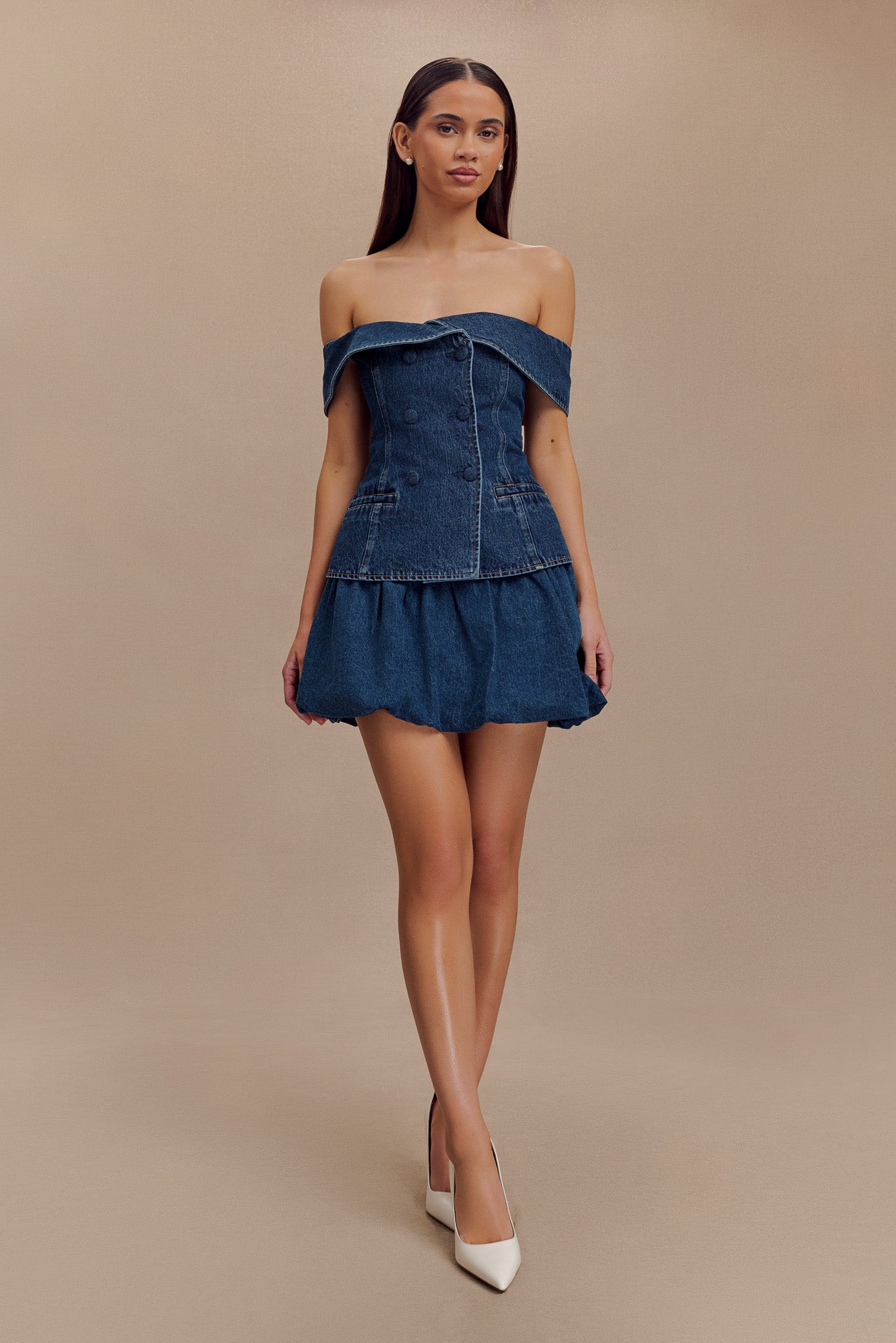 Levauro Genia Baloncuklu Denim Mini Etek - Lacivert