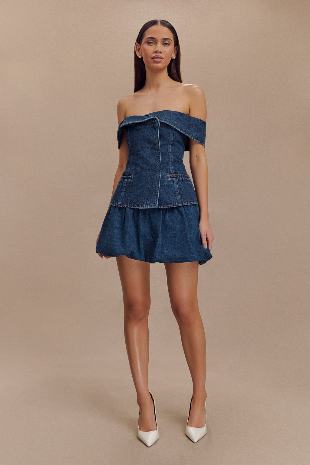 Levauro Krista Denim Düşük Omuz Üst - Koyu Mavi