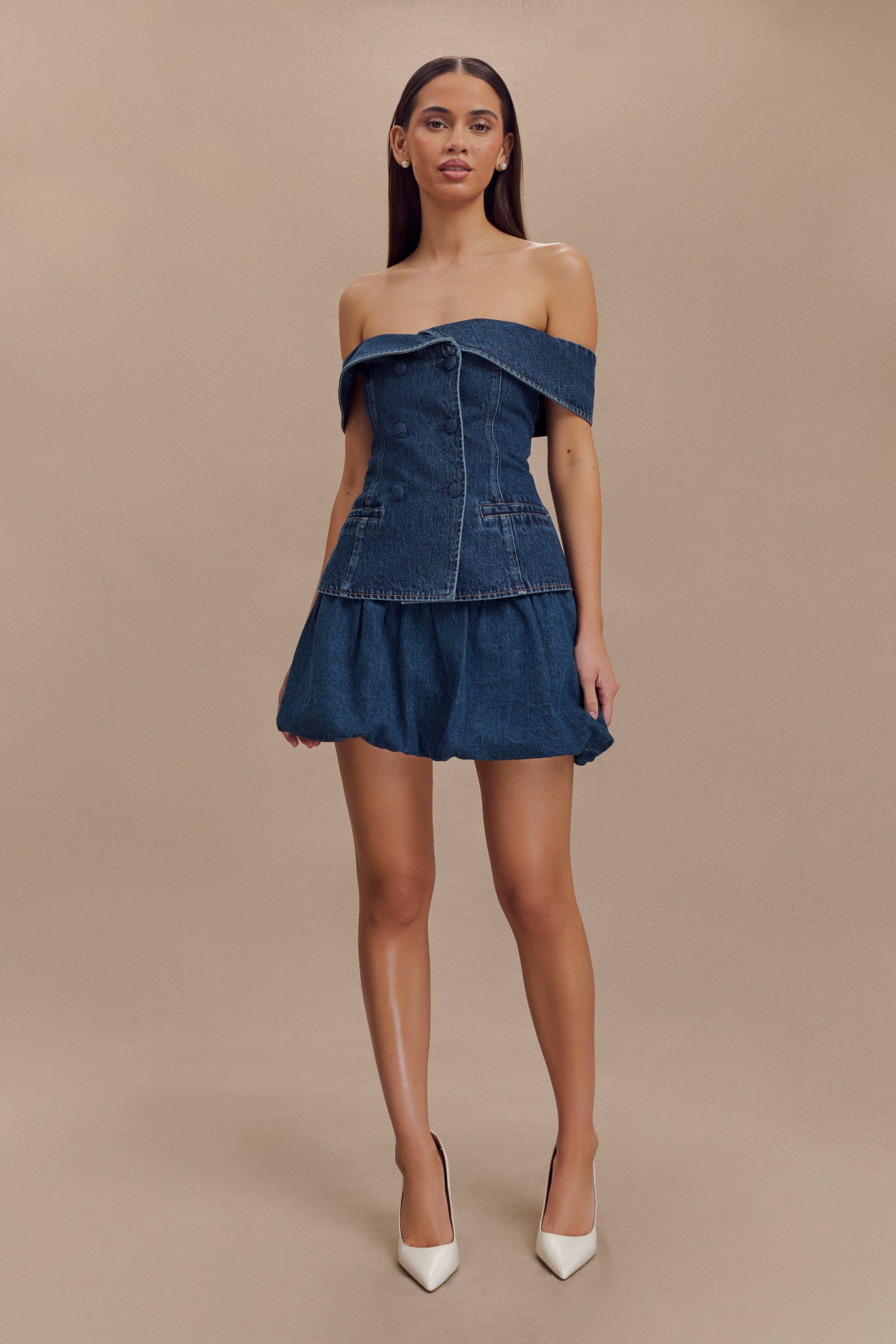 Levauro Krista Denim Düşük Omuz Üst - Koyu Mavi