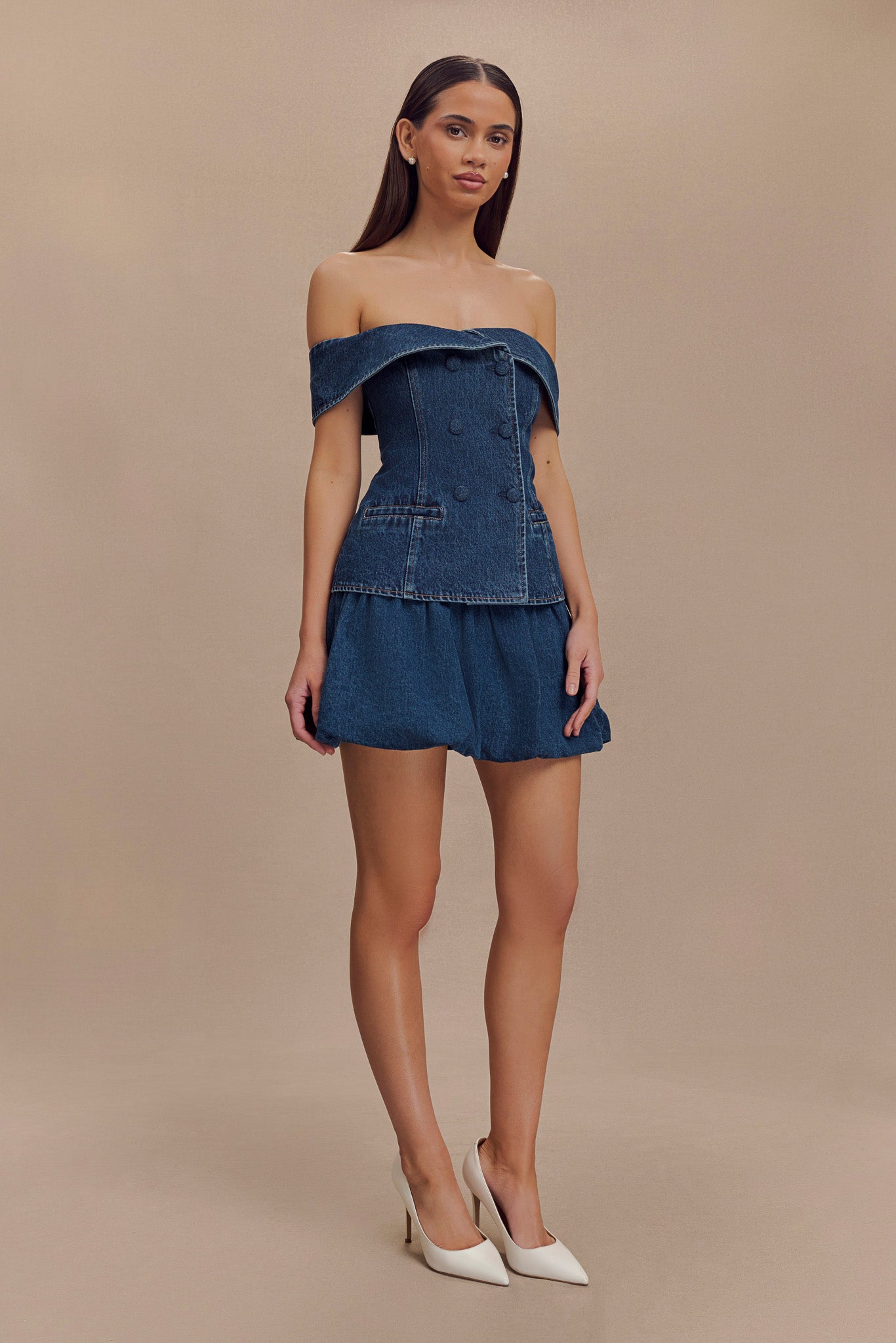 Levauro Krista Denim Düşük Omuz Üst - Koyu Mavi
