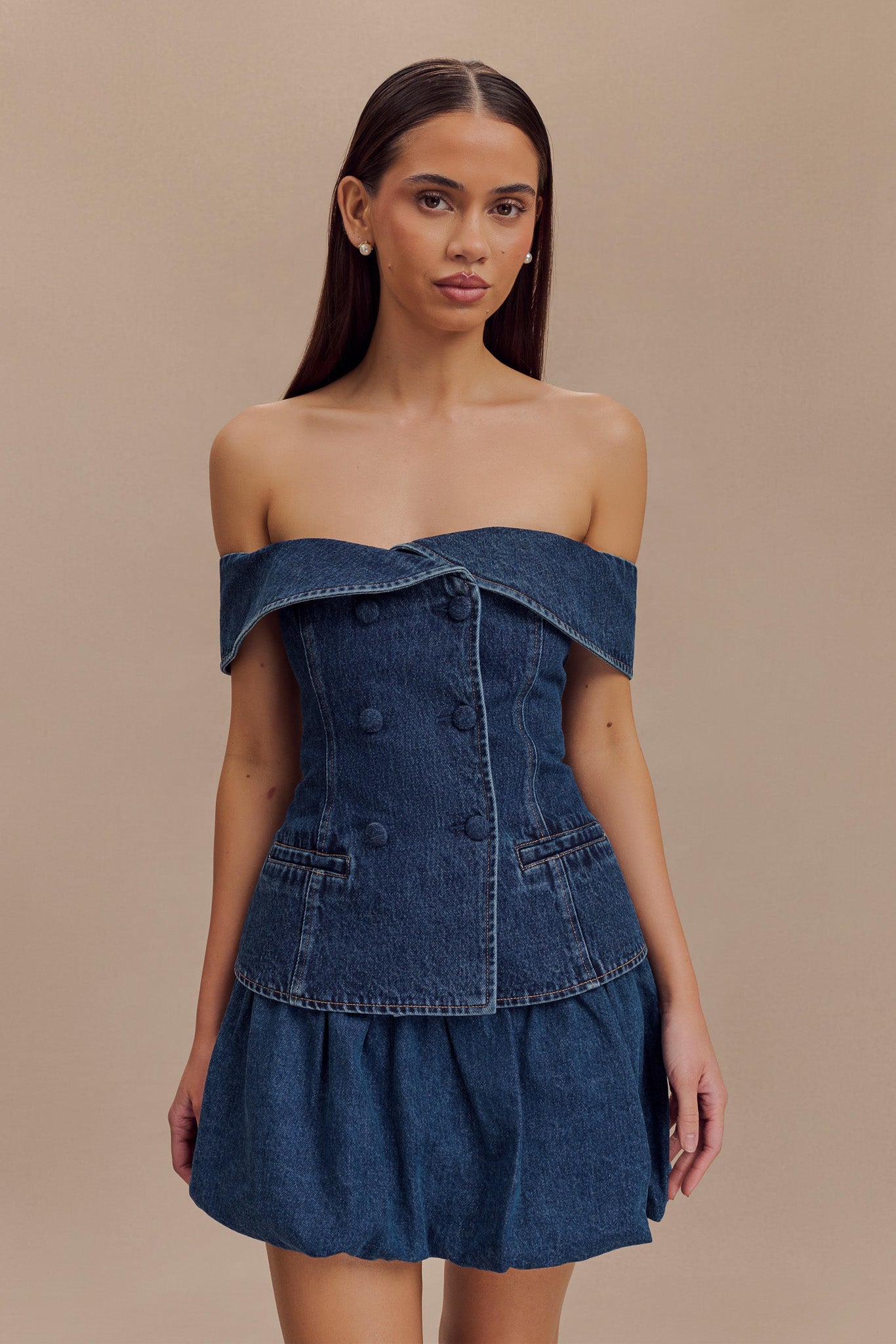 Levauro Genia Baloncuklu Denim Mini Etek - Lacivert