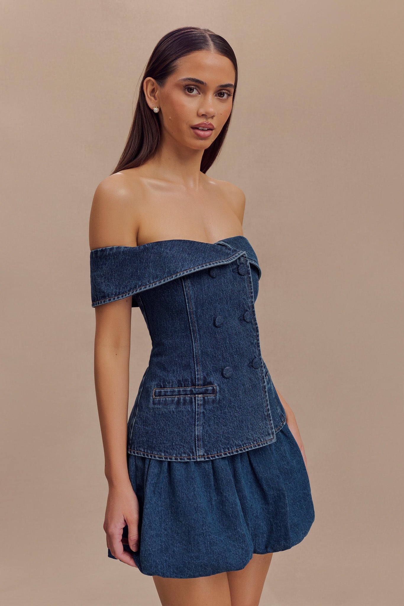 Levauro Krista Denim Düşük Omuz Üst - Koyu Mavi