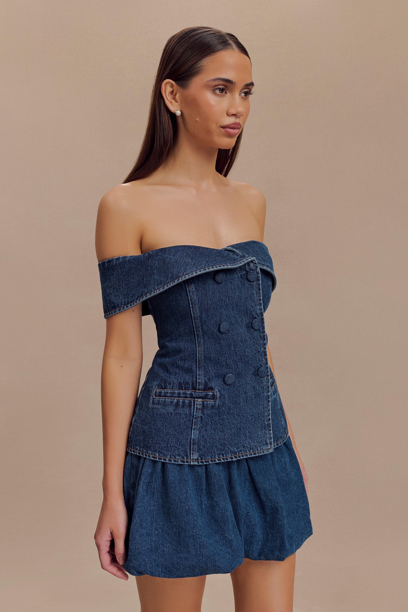 Levauro Krista Denim Düşük Omuz Üst - Koyu Mavi