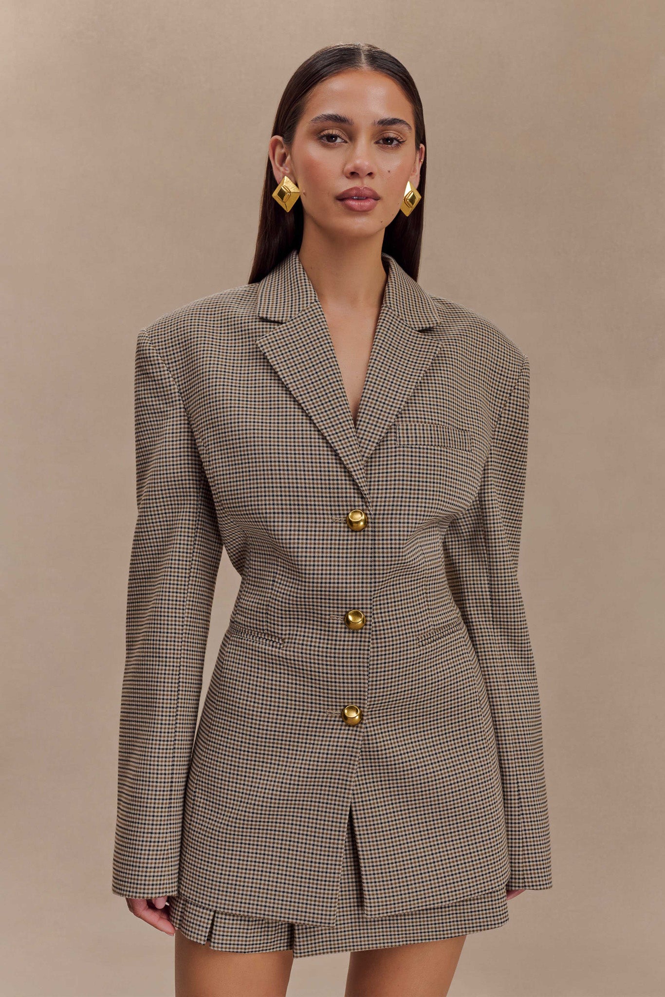 Levaru  Mila Blazer Ceket - Taba Kareli