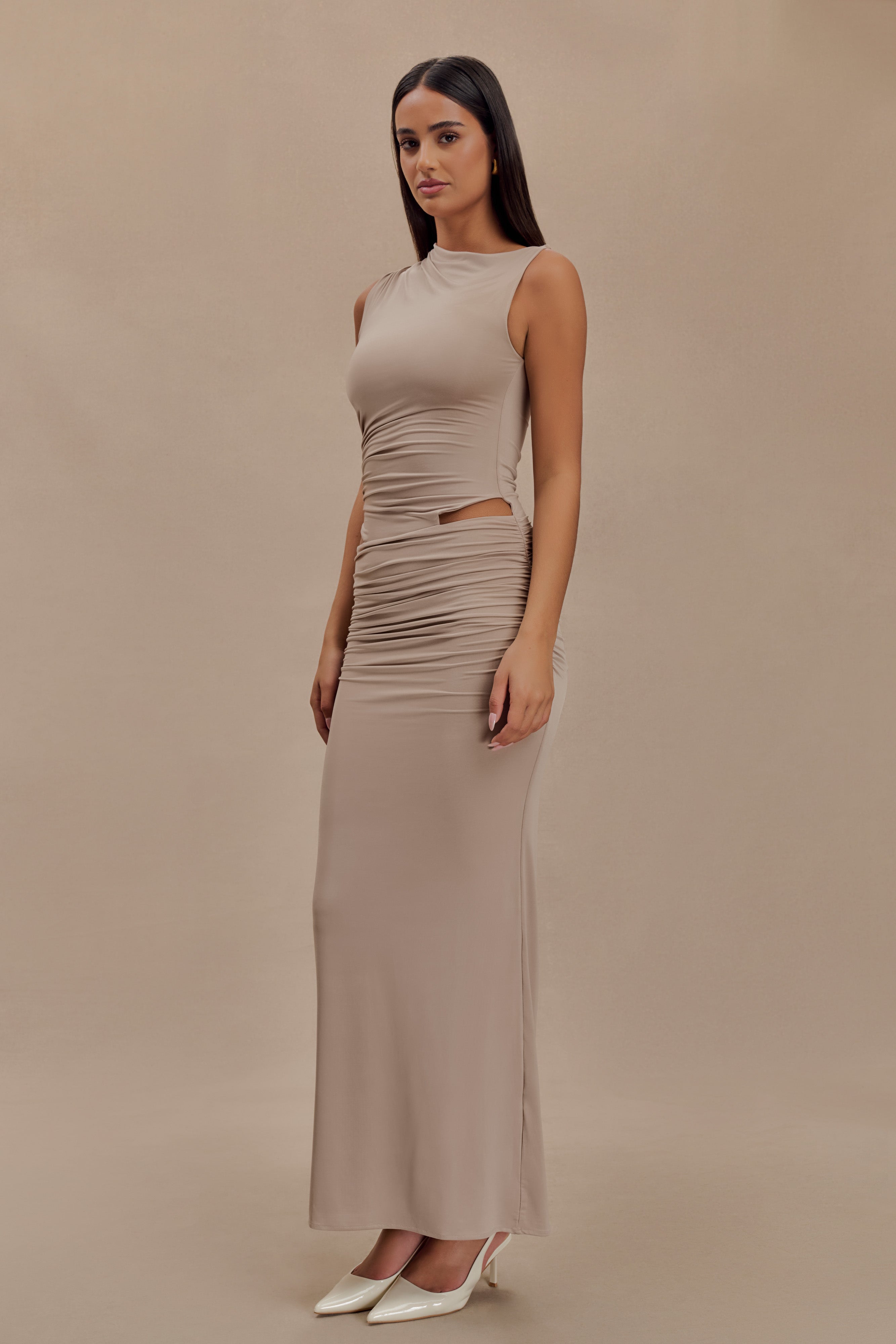 Levauro Kaia Slinky Cut Out Maxi Elbise - Taupe