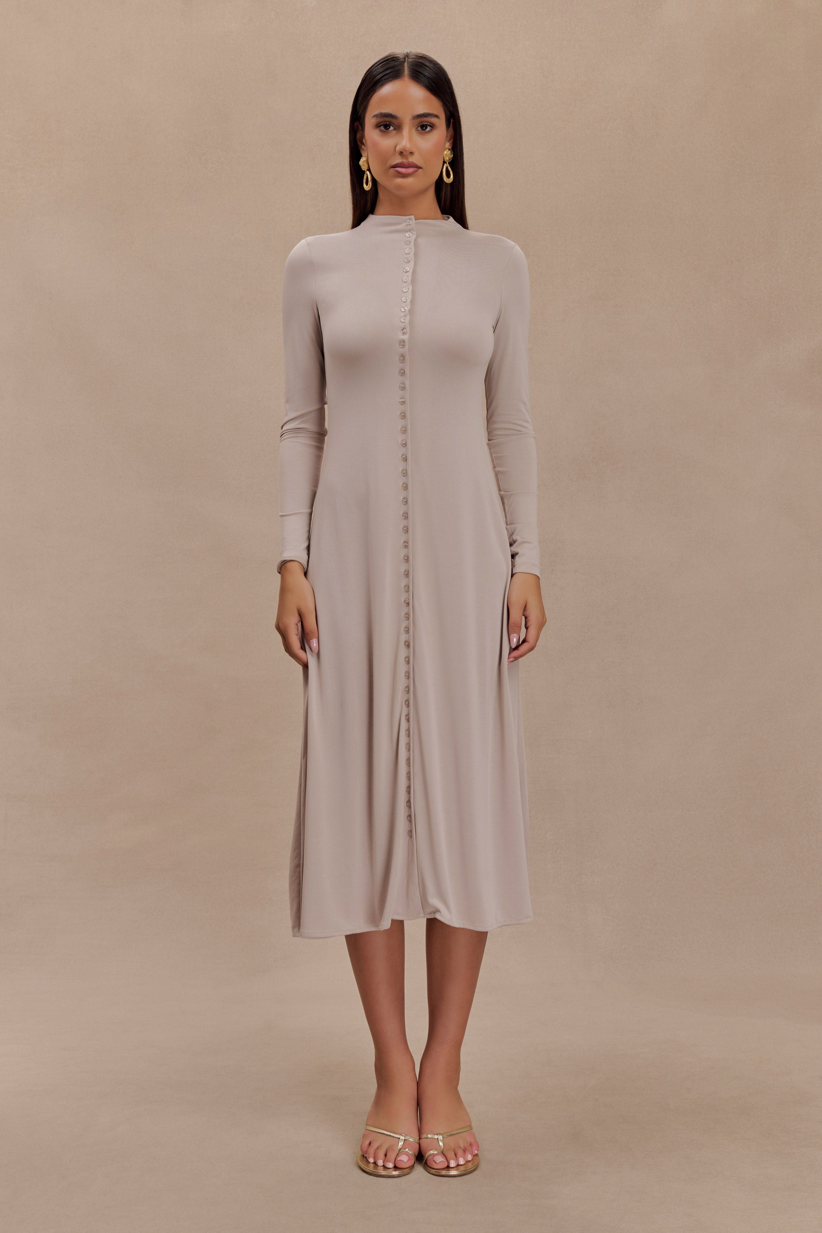 Levaru Anders Şeftali Jersey Midi Elbise - Taupe