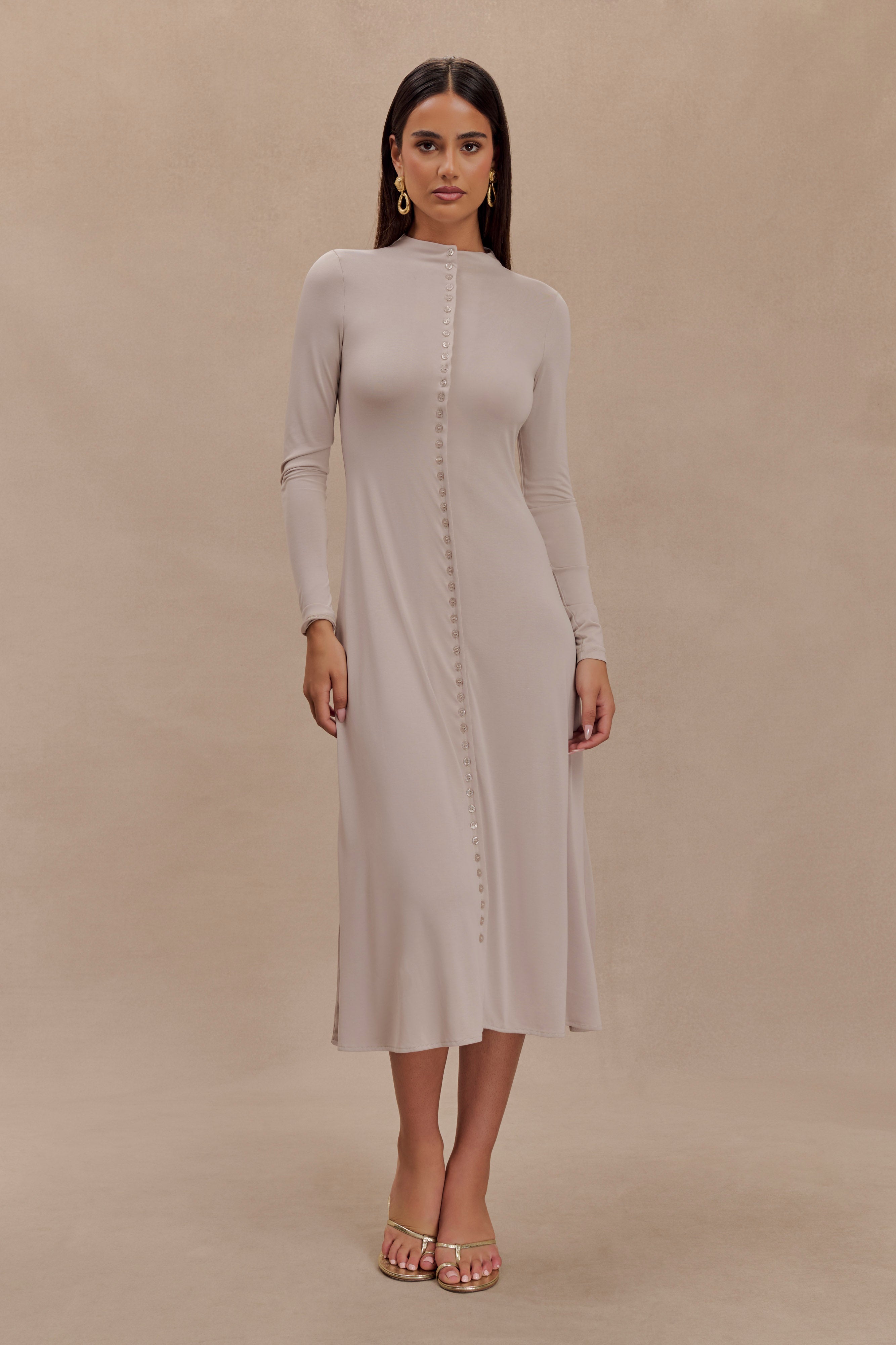 Levaru Anders Şeftali Jersey Midi Elbise - Taupe