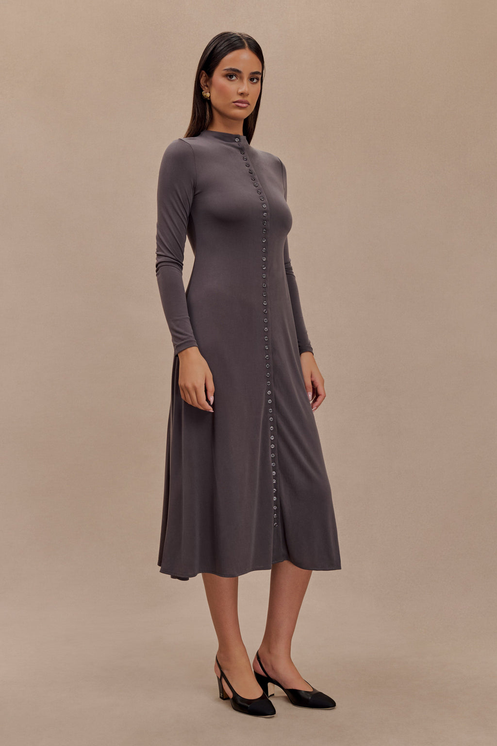 Levaru Anders Şeftali Jersey Midi Elbise - Kömür