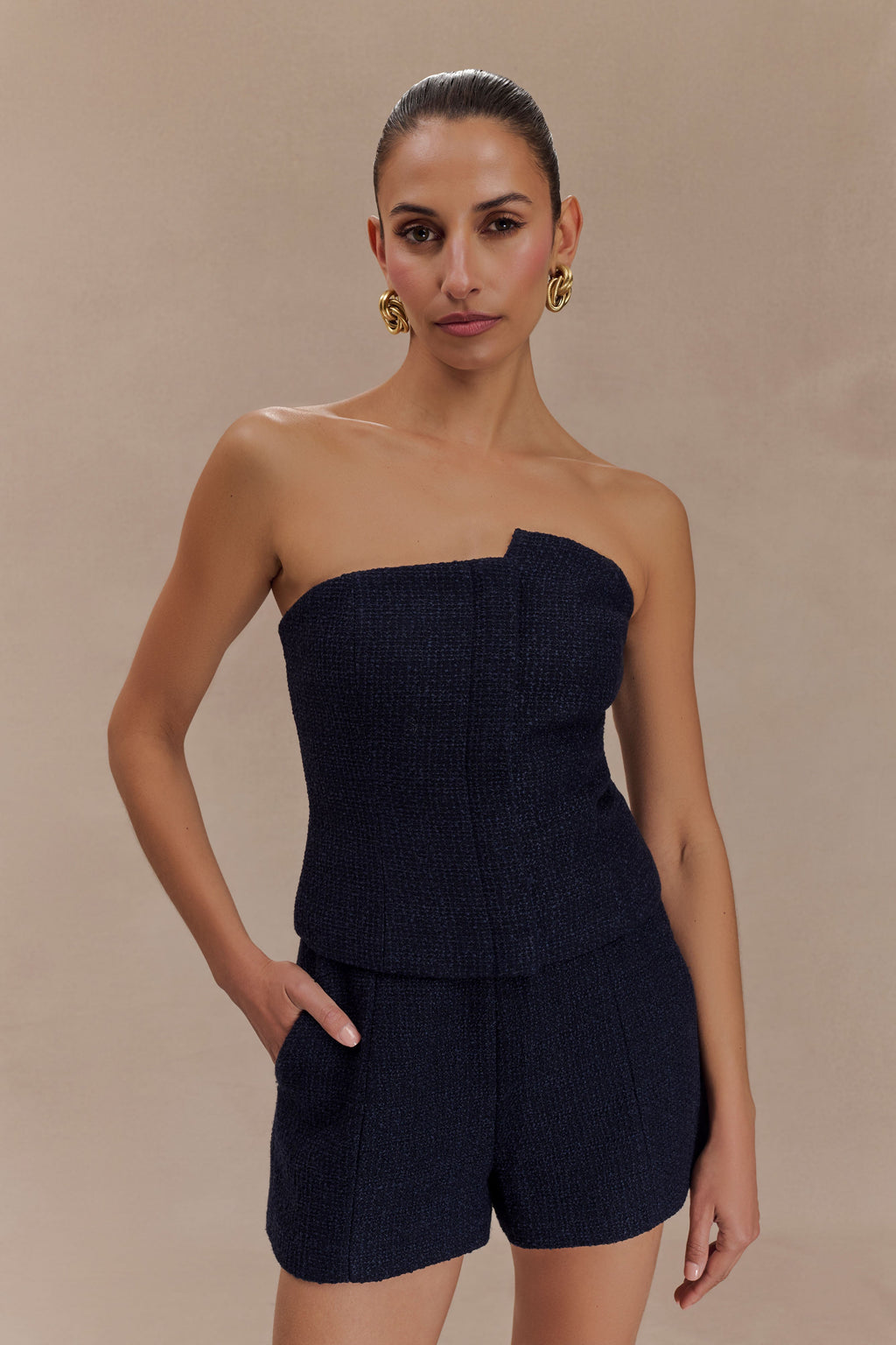 Levauro Parker Boucle Straplez Asimetrik Üst - Gece Mavisi