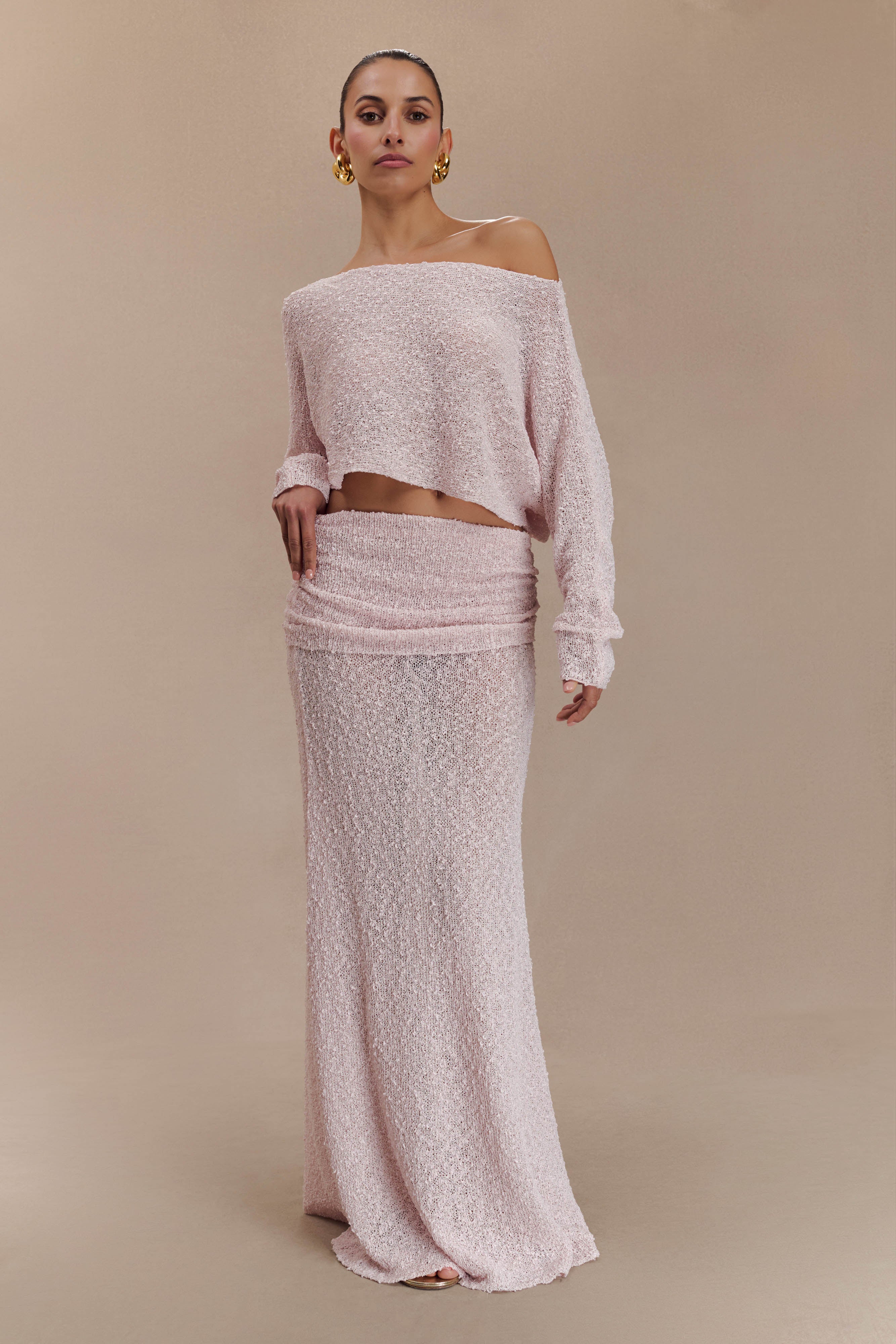 Levauro Petra Uzun Kollu Örgü Crop Top - Misty Rose