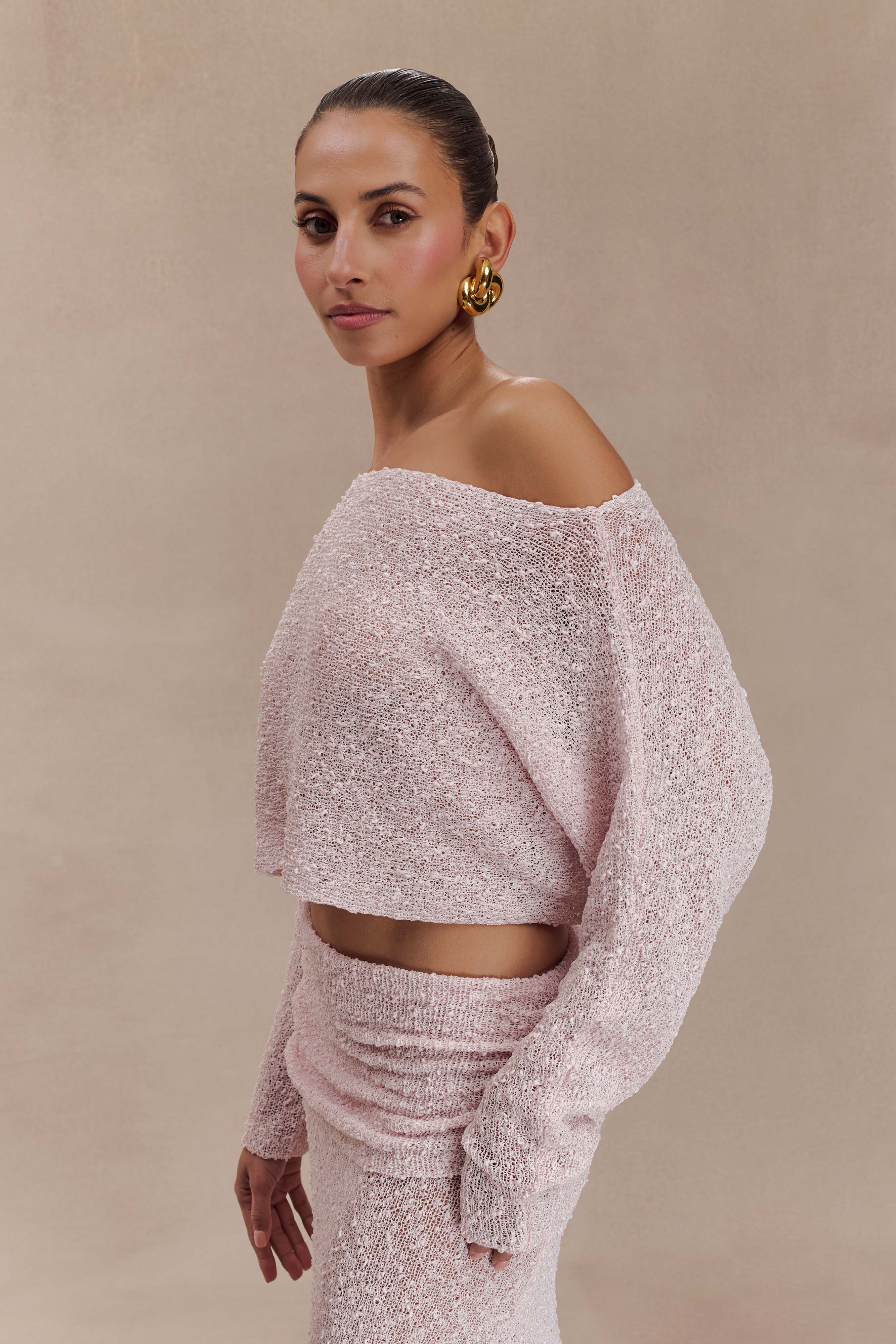 Levauro Petra Uzun Kollu Örgü Crop Top - Misty Rose