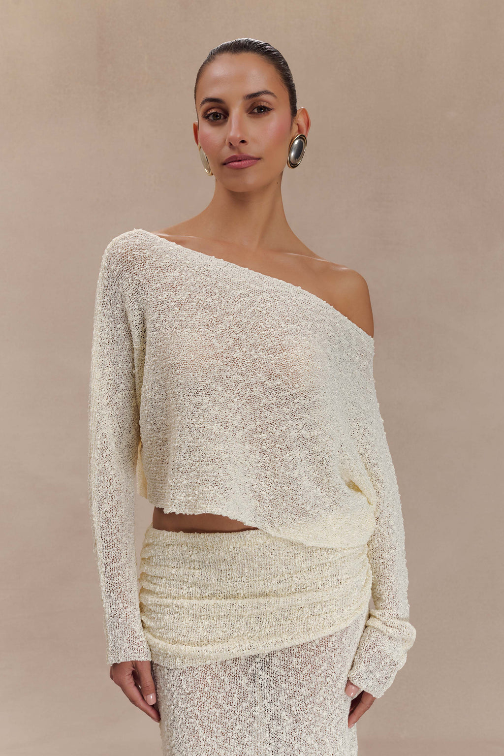 Levauro Petra Uzun Kollu Örgü Crop Top - Fildişi