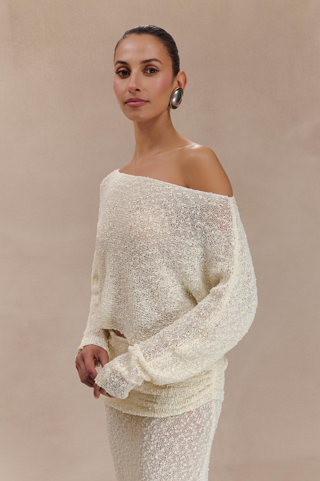 Levauro Petra Uzun Kollu Örgü Crop Top - Fildişi