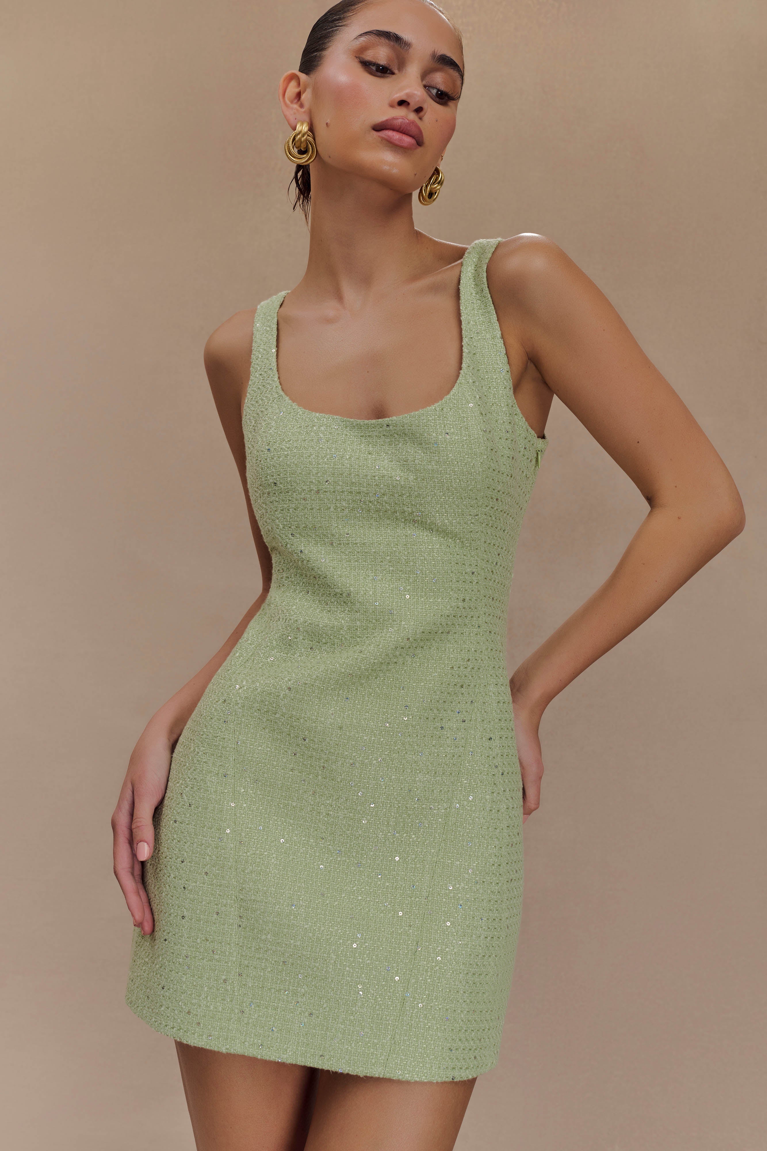 Levauro Beth Tüvit Mini Elbise - Pastel Yeşil