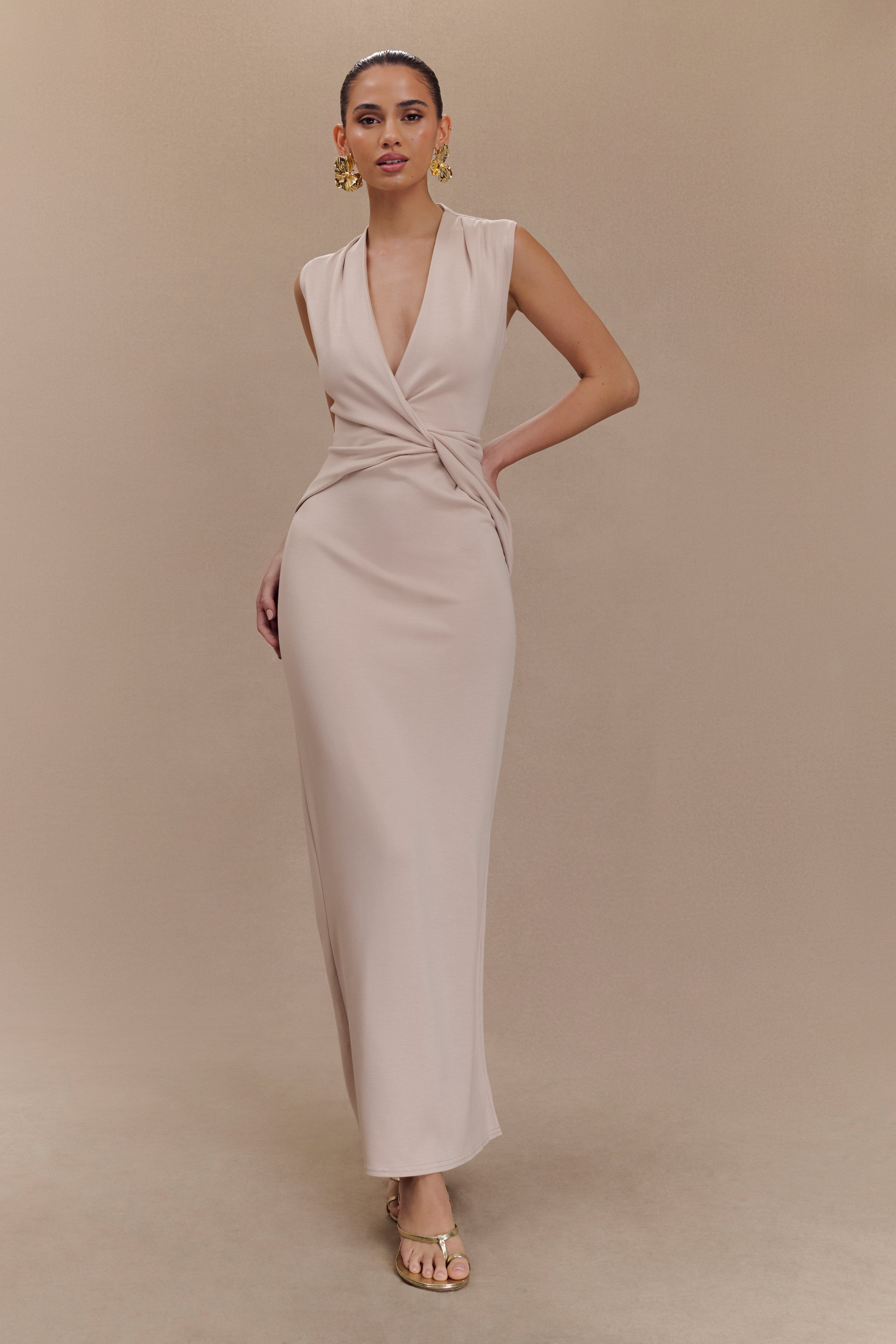 Levauro Lorelei Krep Twist Midi Elbise - Taupe