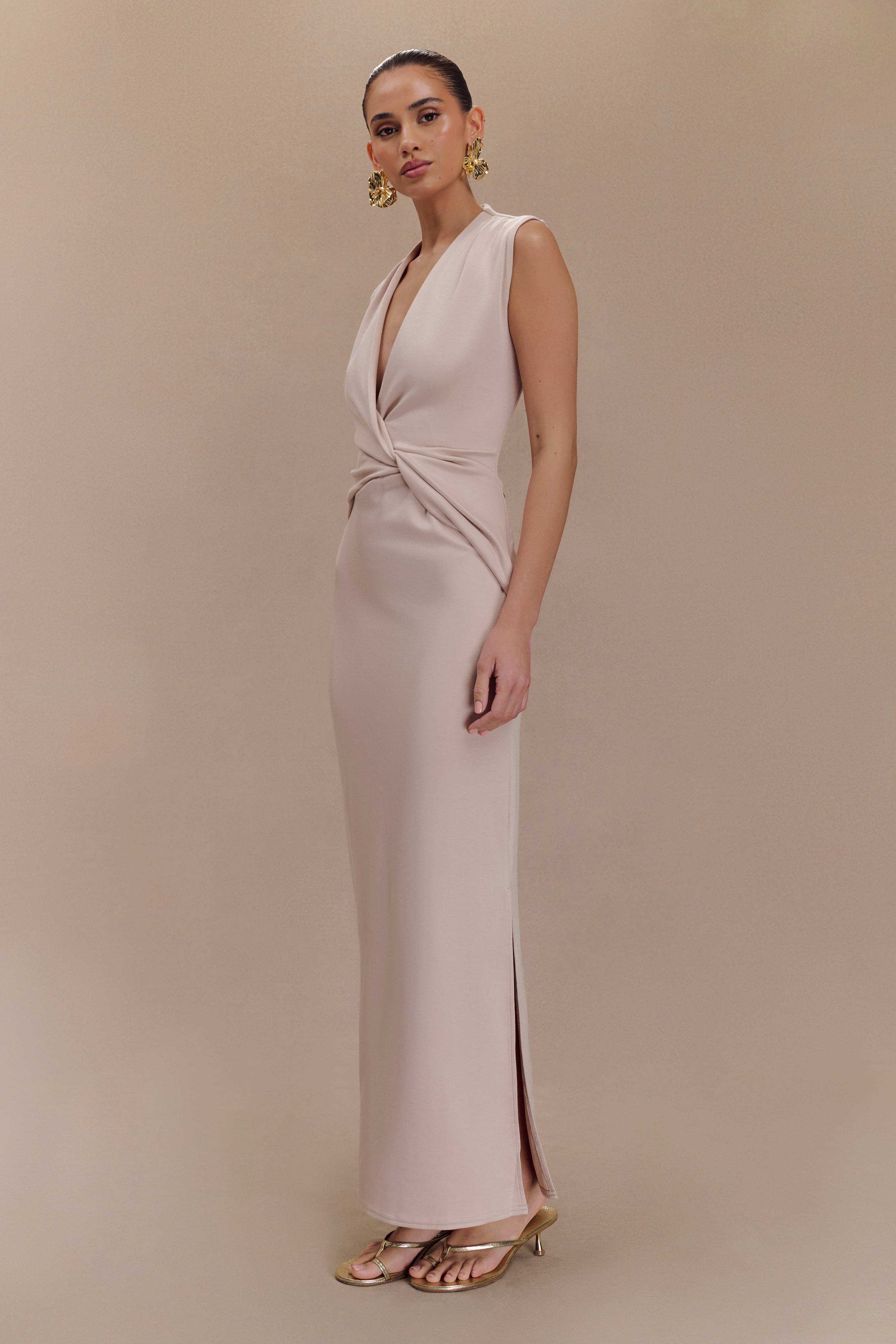 Levauro Lorelei Krep Twist Midi Elbise - Taupe
