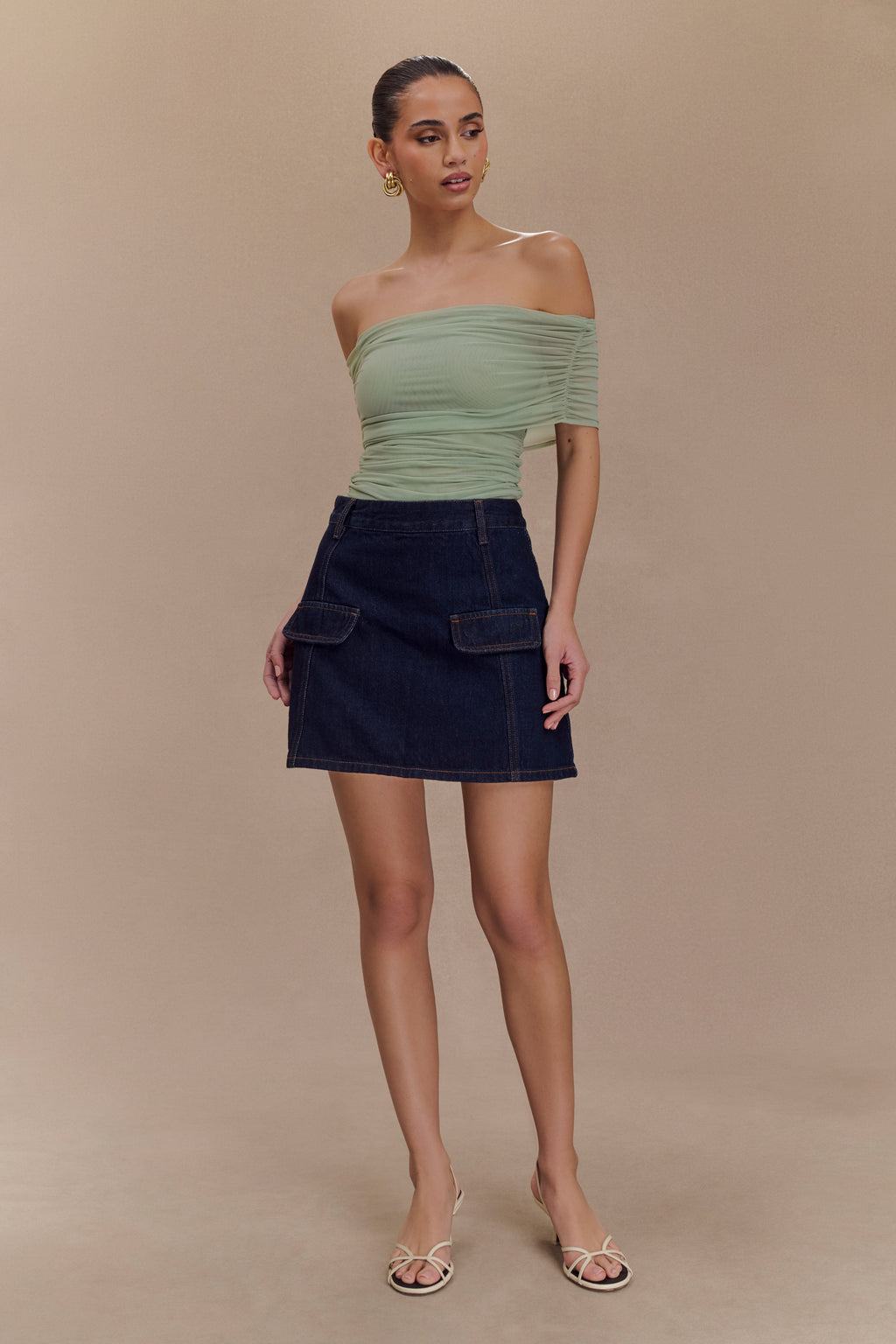 Levauro Arna Düşük Omuzlu File Crop Top - Fesleğen
