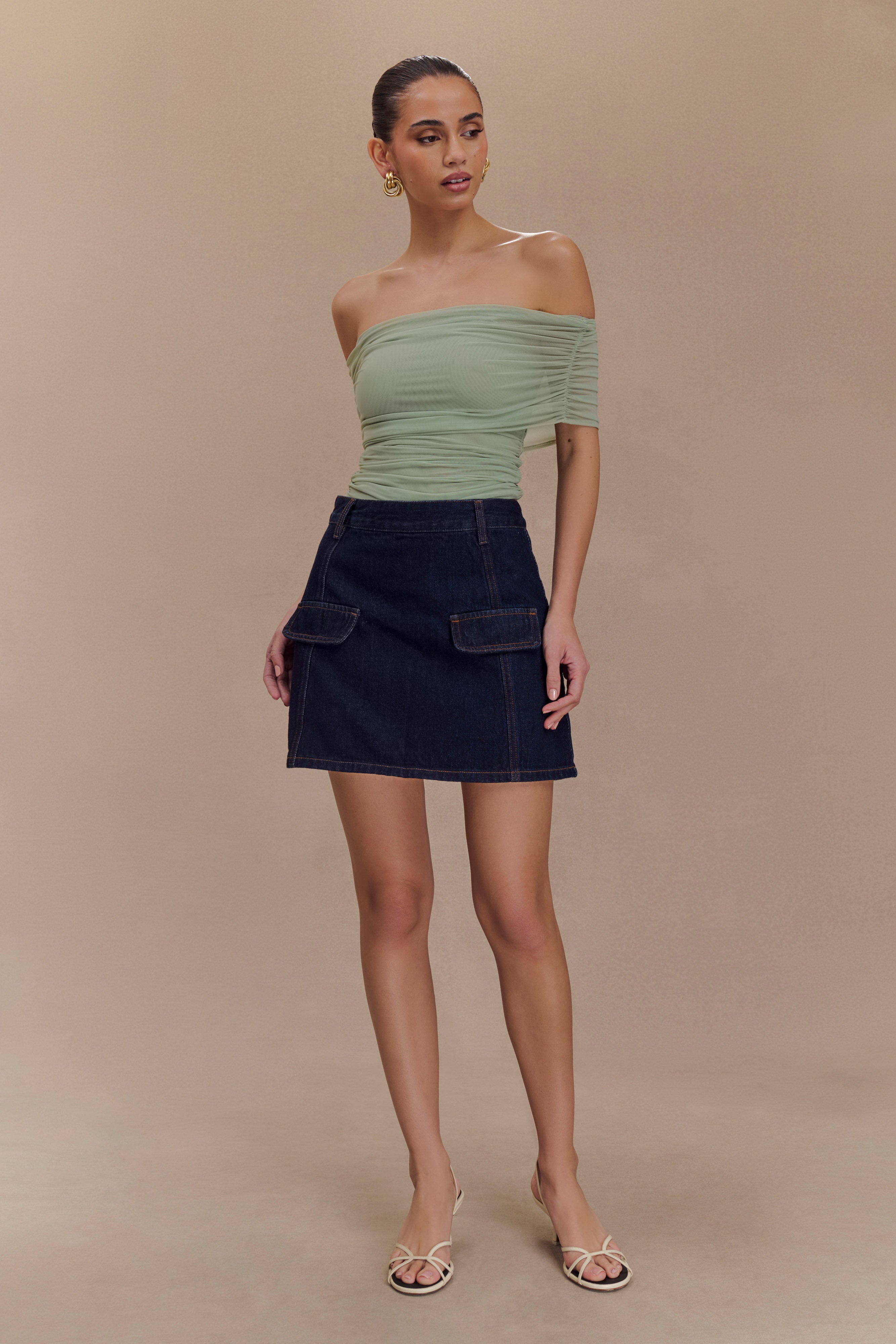 Levauro Arna Düşük Omuzlu File Crop Top - Fesleğen