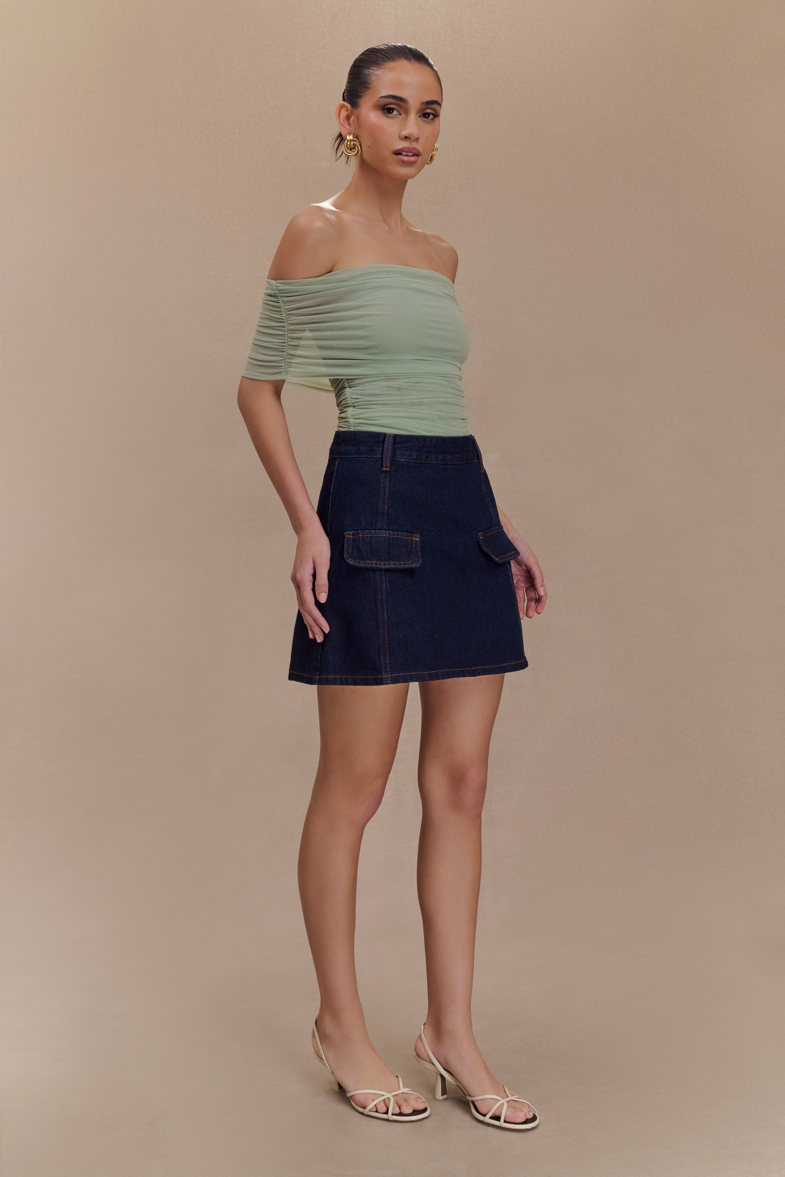 Levauro Arna Düşük Omuzlu File Crop Top - Fesleğen
