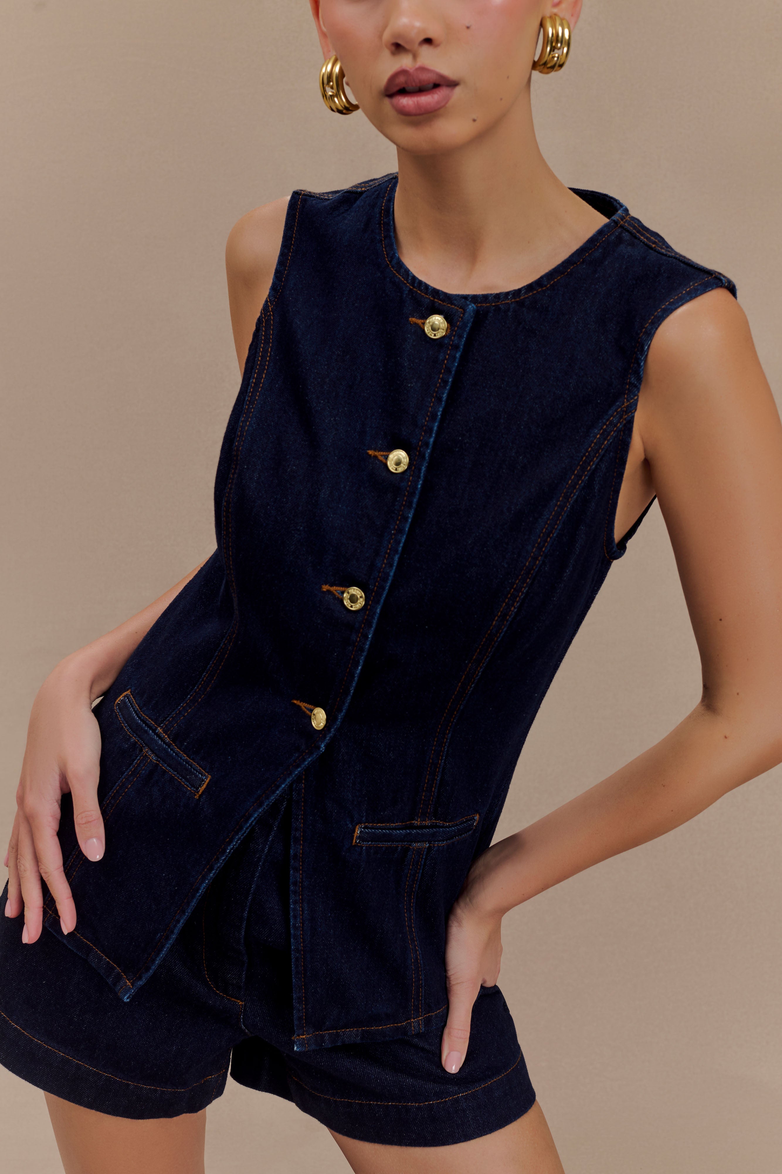Levauro Abel Denim Düğmeli Üst - İndigo Mavi