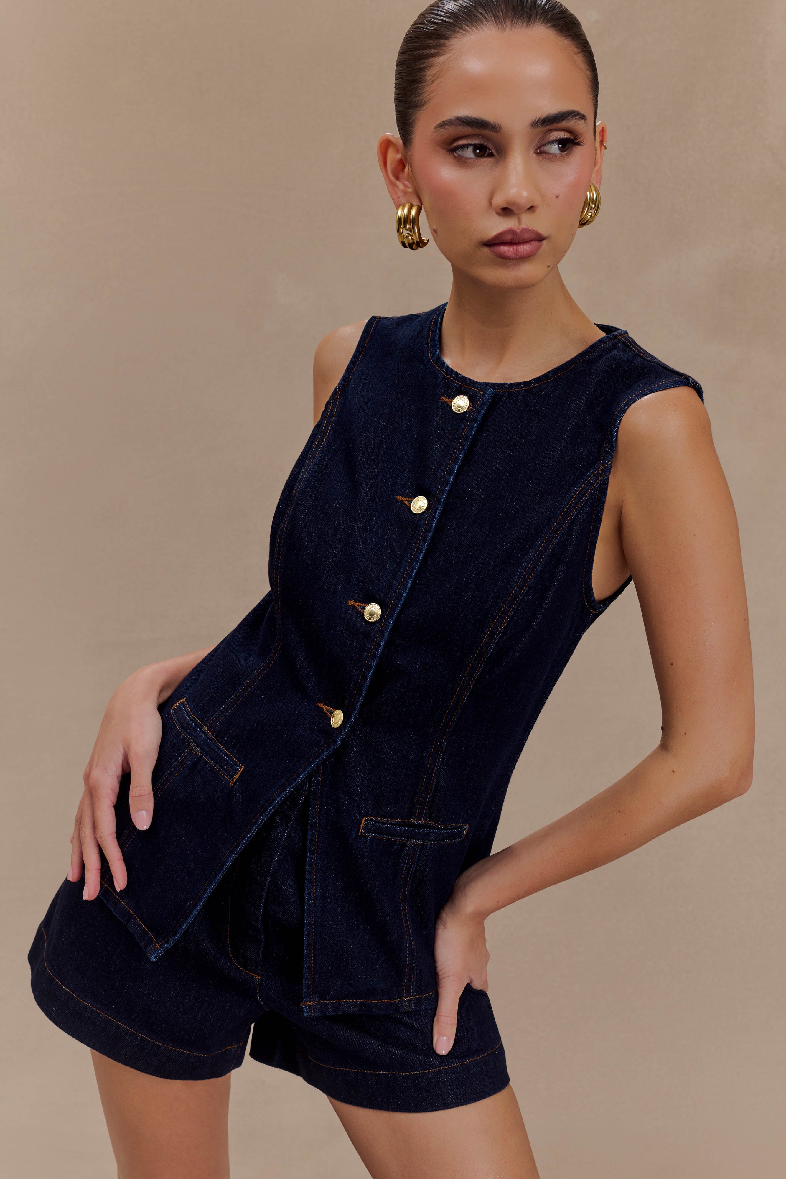 Levauro Abel Denim Düğmeli Üst - İndigo Mavi